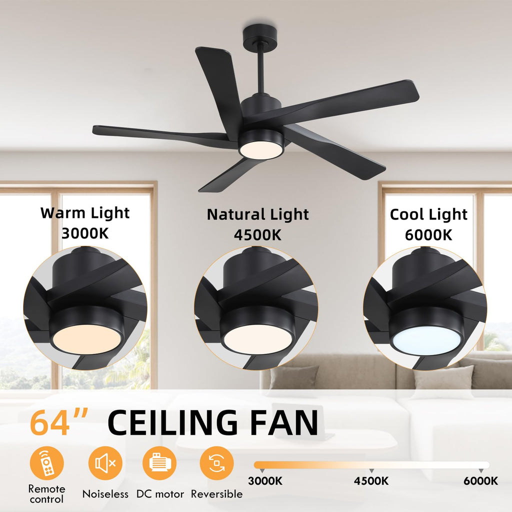 WINGBO 64" ABS DC Ceiling Fan with Lights, 5 Blade ABS Plastic Ceiling Fan with Remote, 6-Speed Reversible DC Motor, LED Ceiling Fans for Kitchen Bedroom Living Room, Matte Black