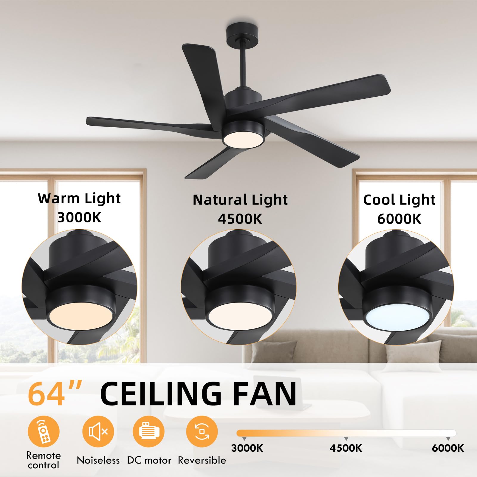 WINGBO 64" ABS DC Ceiling Fan with Lights, 5 Blade ABS Plastic Ceiling Fan with Remote, 6-Speed Reversible DC Motor, LED Ceiling Fans for Kitchen Bedroom Living Room, Matte Black
