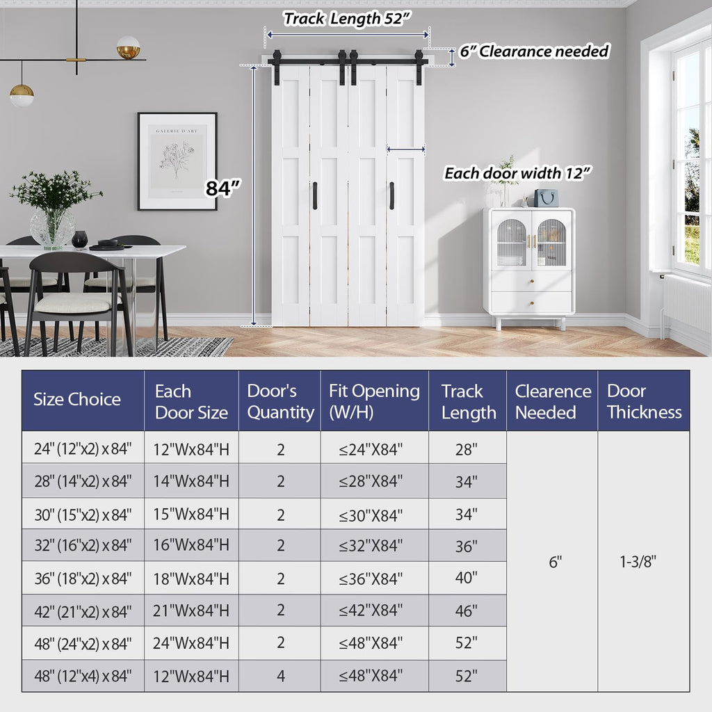 FREDBECK 48in X 84in (for 4 Doors 12x84) White Bi fold Barn Door Bifold Doors with 52" Hardware Track Kit Included,Solid MDF with Water-Proof PVC Surface for Closet,Assembly Required