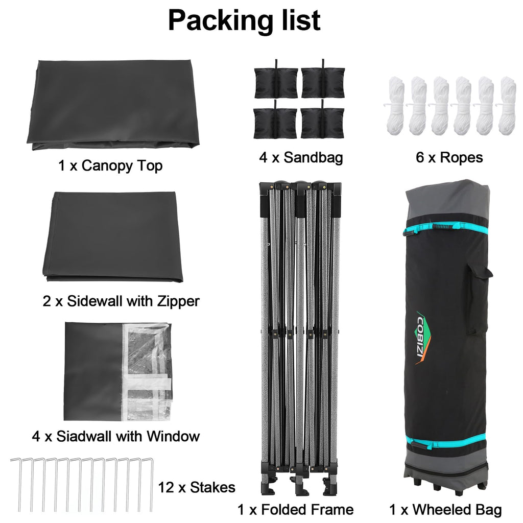 COBIZI 10x20 Pop up Canopy Tent 10x20 Canopy with 6 Sidewalls Waterproof Heavy Duty Commercial Canopy Tent for Parties Outdoor Garden Gazebo, Carry Bag with Wheel(10x20ft,Space Black)