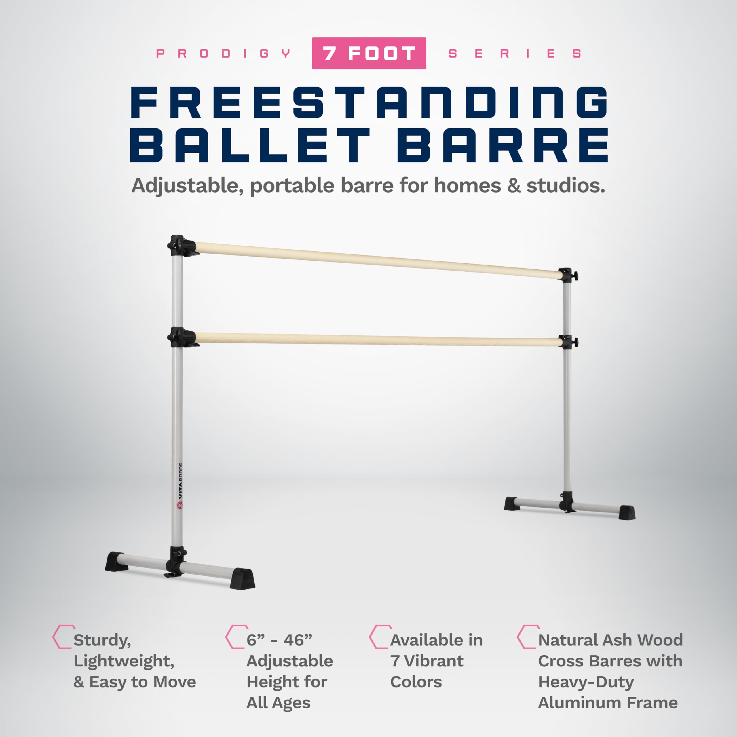 VITA Barre Portable Freestanding Double Ballet Barre, Prodigy, 7 Ft Bars, Satin Silver | Adjustable Height, USA Made, Home or Gym Exercise Equipment for Kids & Adults | Dance, Fitness, Pilates