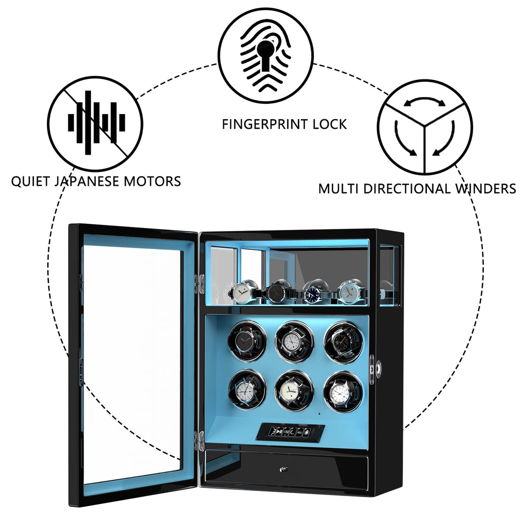 DUKWIN Watch Winder, Fingerprint Lock Automatic Watch Winder for 6 Watches with 4 Holders,300-2300 TPD,Digital Display, Remote Control,Jewelry Storage and Adjustable Watch Pillow and LED Light,Blue
