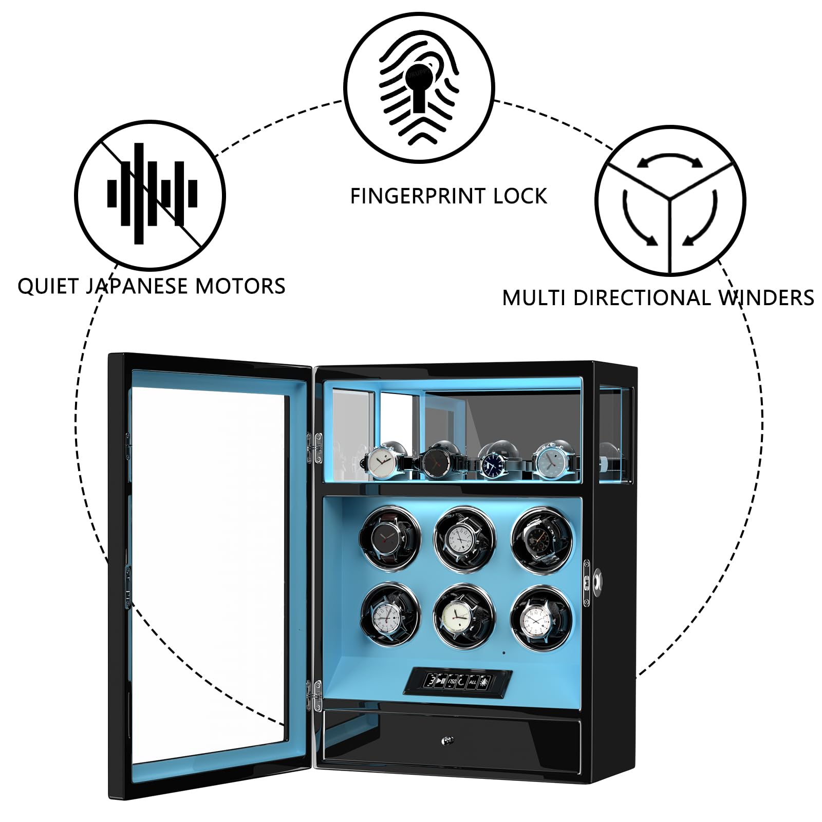 DUKWIN Watch Winder, Fingerprint Lock Automatic Watch Winder for 6 Watches with 4 Holders,300-2300 TPD,Digital Display, Remote Control,Jewelry Storage and Adjustable Watch Pillow and LED Light,Blue