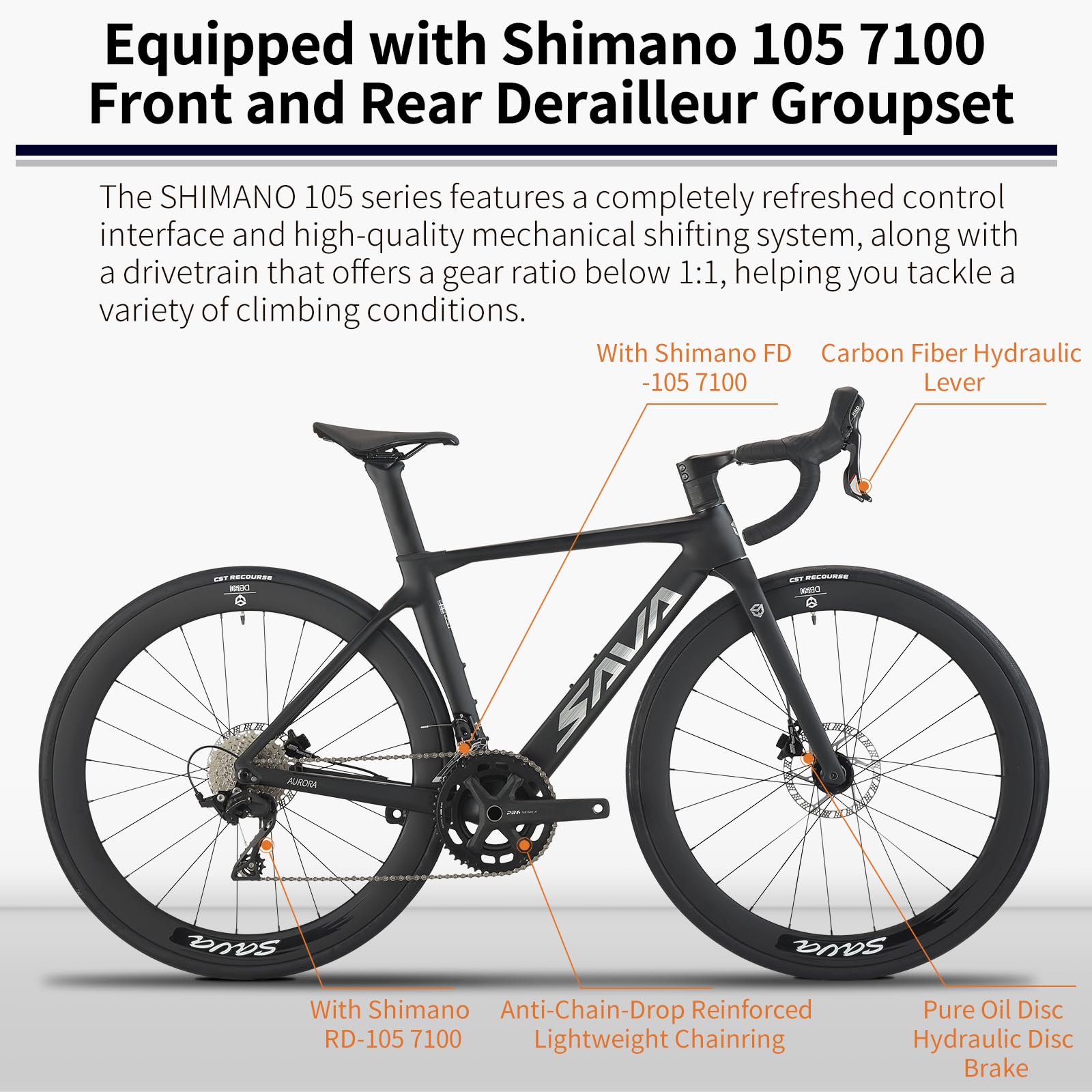 SAVADECK A7L Carbon Road Bike, T800 Carbon Fiber Frame 700C Racing Bicycle with Shimano 105 R7100 24 Speed Groupset and Hydraulic Disc Brake, Ultra-Light Carbon Bike for Man and Women(Black,47cm)
