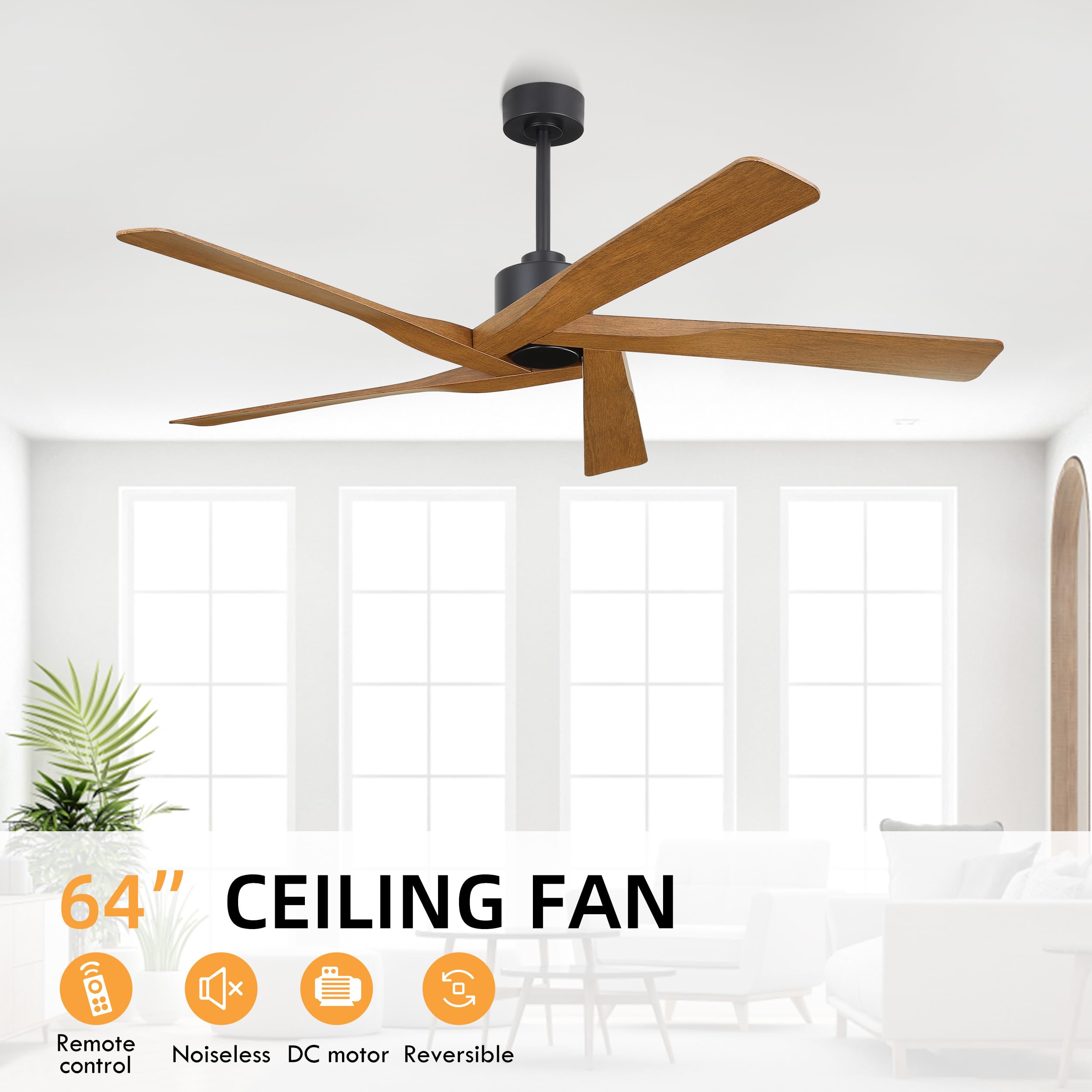 WINGBO 64" ABS DC Ceiling Fan No Light, 5 Blade ABS Plastic Ceiling Fan with Remote, 6-Speed Reversible DC Motor, Ceiling Fans without Light for Kitchen Bedroom Living Room, Matte Black and Walnut