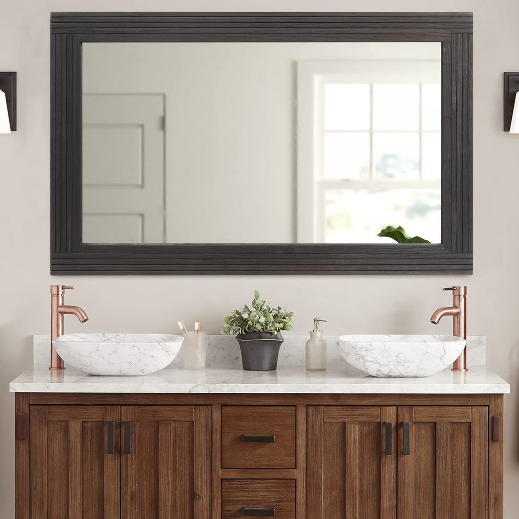 YOSHOOT Hand-Made Wooden Spliced Wall Mirror for Bathroom, Rustic Farmhouse Vanity Mirror, Décor Wall Art, Solid Wood Frame, Vertical or Horizontal Hanging, 60" x 30", Black