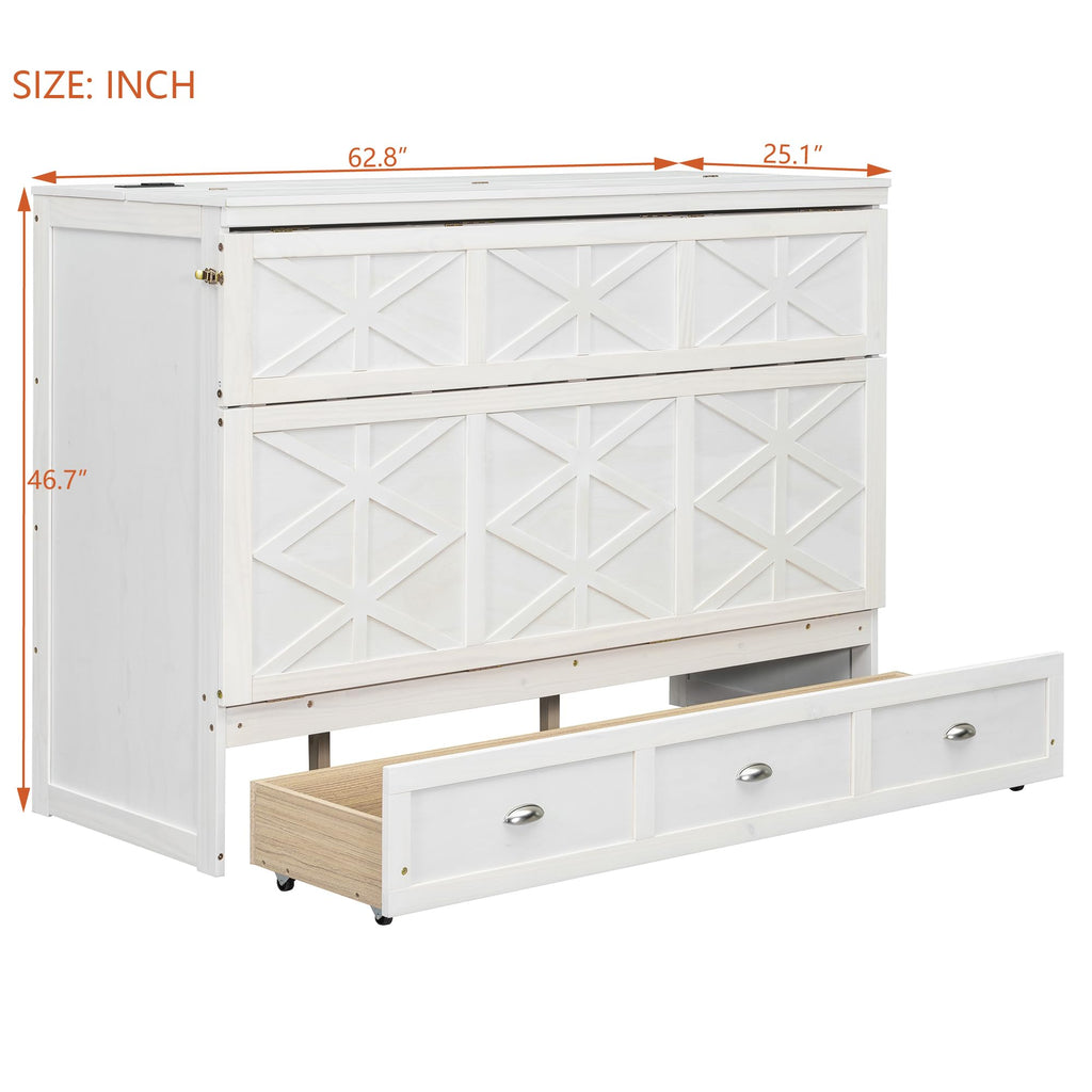 Merax Queen Size Murphy Bed Cabinet with Charging Station and Storage Drawer, Wooden Foldable Platform Bed Frame for Home Office Small Room, White
