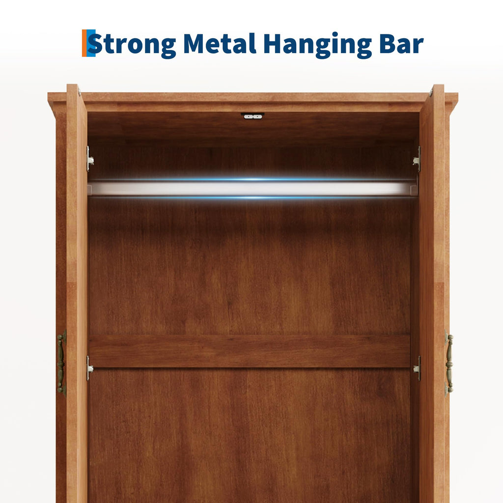 IDEALHOUSE Farmhouse Armoire Wardrobe Closet with Drawers, 71" Tall Freestanding 2 Door Armoire Wardrobe Storage Cabinet with Hanging Rod, Wooden Colthing Closet, V Shape, for Bedroom, Retro Brown