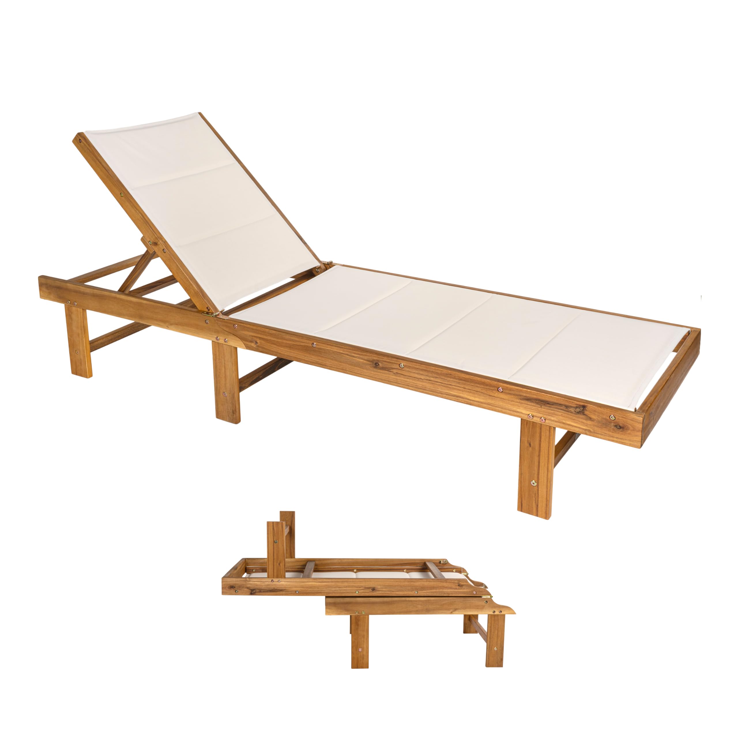 Eyely GNL1103A Quenyth 77.17"x26.38" Modern Minimalist Foldable Adjustable Wood Chaise Outdoor Lounge Chair, for Pool, Deck, Poolside, White/Natural