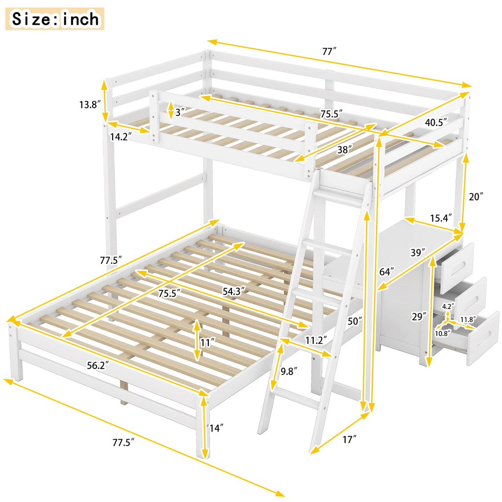 YOPTO Twin Over Full Bunk Bed with Built-in Desk and Three Drawers,Pine Wood Convertible Twin Over Full L-Shaped Loft Bunk Bed Frame for Kids Teens Adults,White
