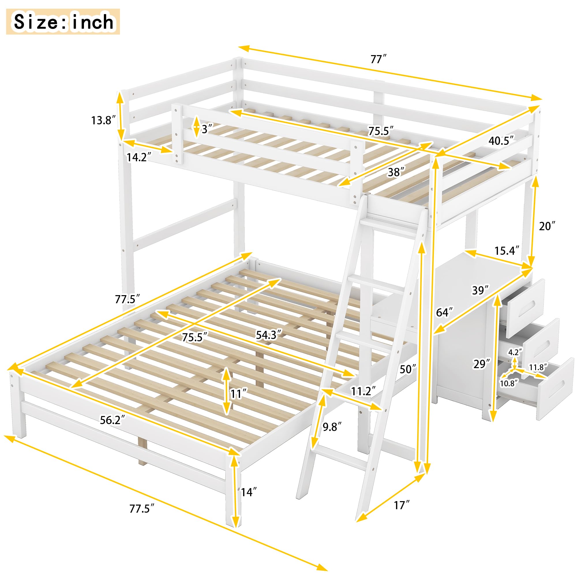 YOPTO Twin Over Full Bunk Bed with Built-in Desk and Three Drawers,Pine Wood Convertible Twin Over Full L-Shaped Loft Bunk Bed Frame for Kids Teens Adults,White
