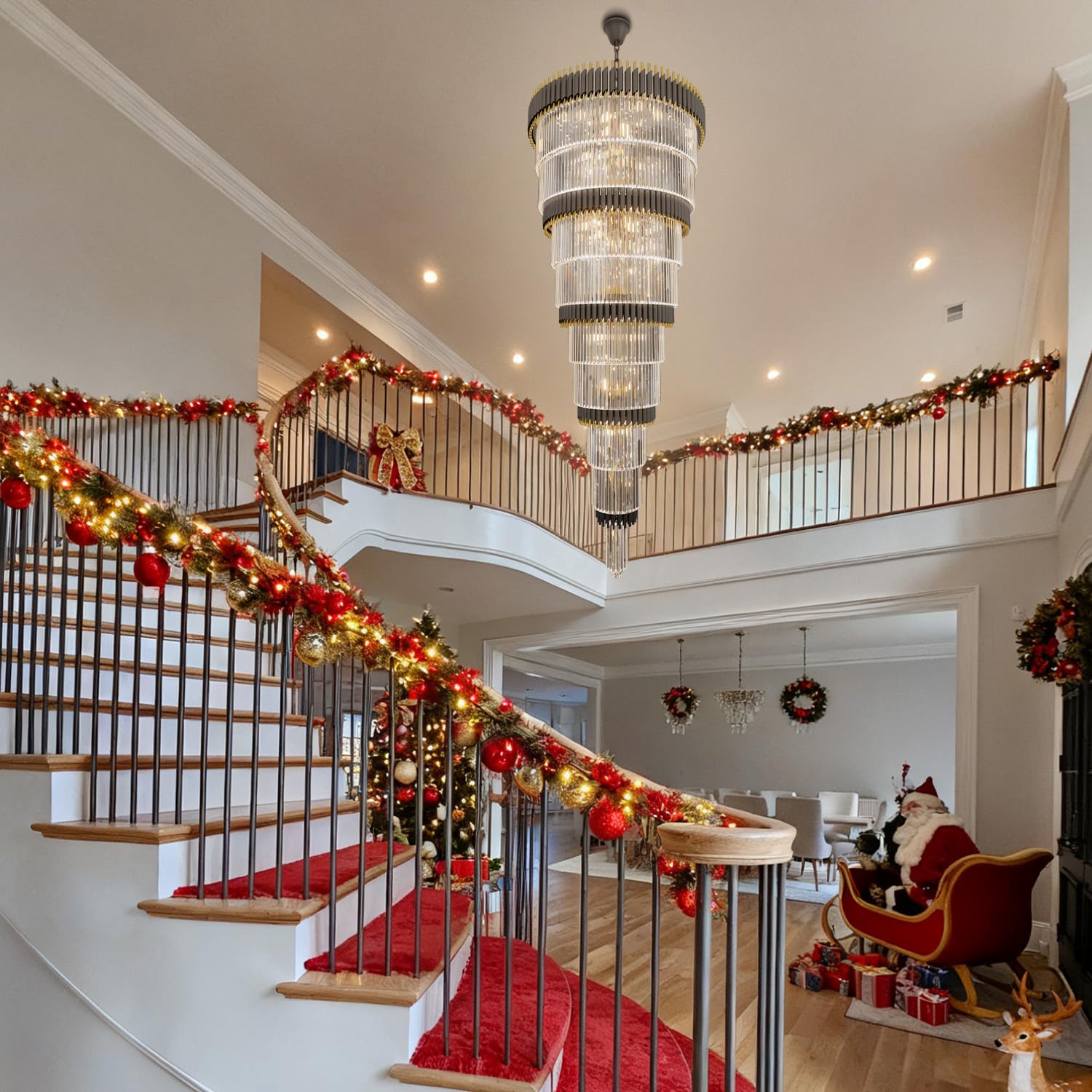 WOSOHYUN Extra Large Staircase Chandeliers 9-Tier Black and Gold Chandelier Luxury Long Crystal Chandelier Lighting for High Ceiling Foyer Entryway Grand Hotel Lobby 31-Light H84 x W40