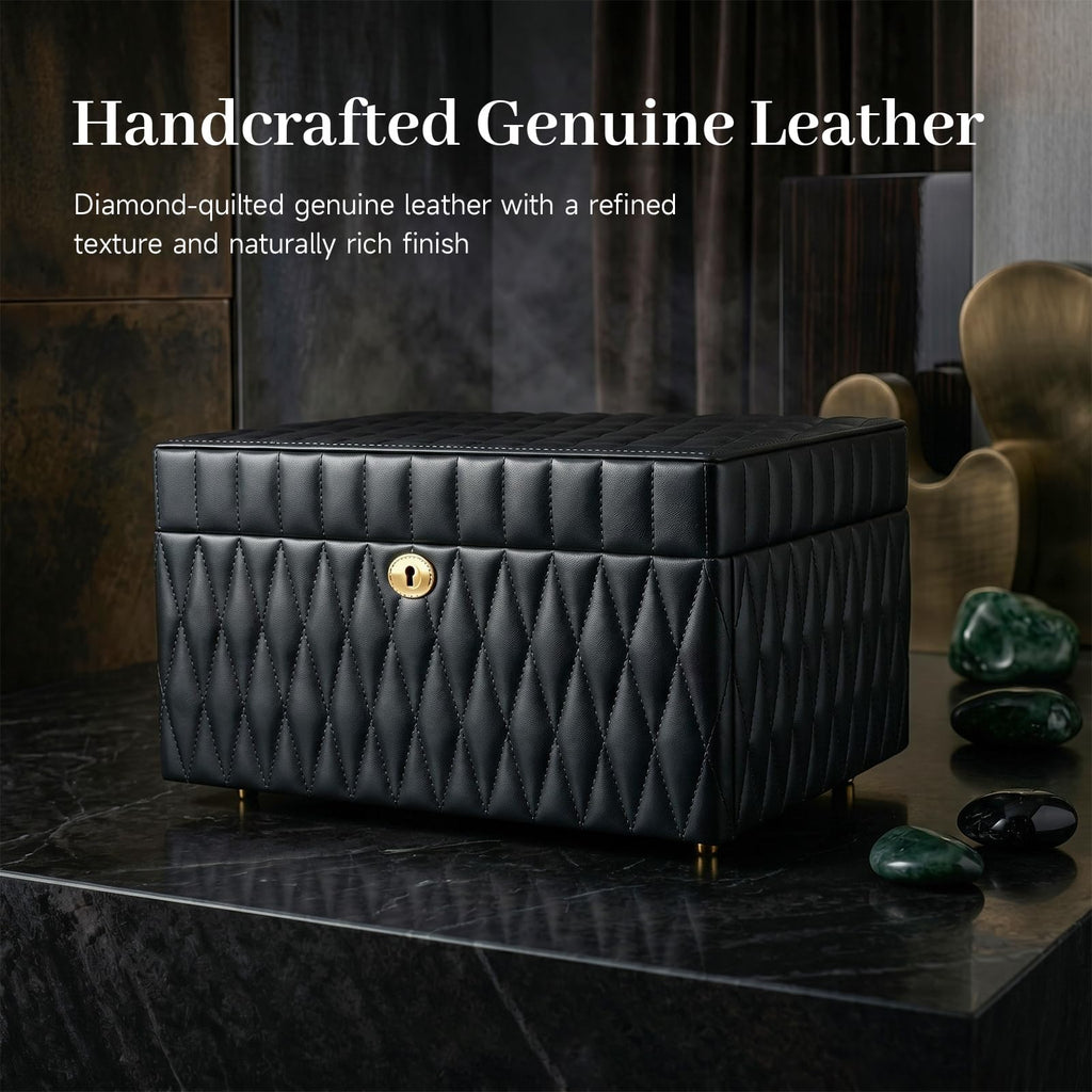Homruilink Genuine Leather Jewelry Box - 3 Layer Large Jewelry Organizer with Mirror, Lockable Jewelry Box for Women - Necklace, Ring, Earring Organizer with Drawer - Ideal Gift (Black)