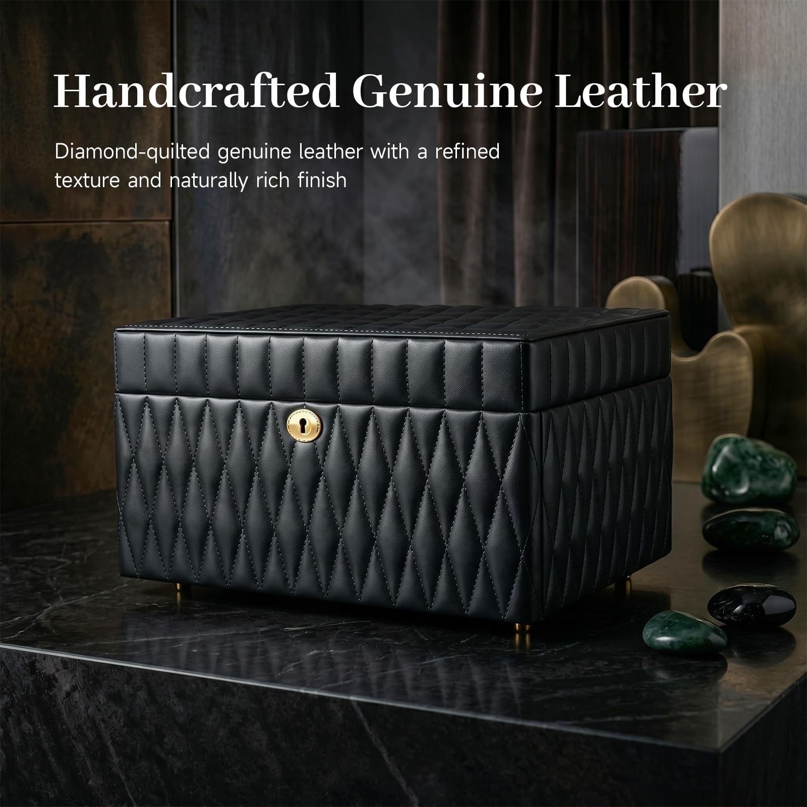 Homruilink Genuine Leather Jewelry Box - 3 Layer Large Jewelry Organizer with Mirror, Lockable Jewelry Box for Women - Necklace, Ring, Earring Organizer with Drawer - Ideal Gift (Black)