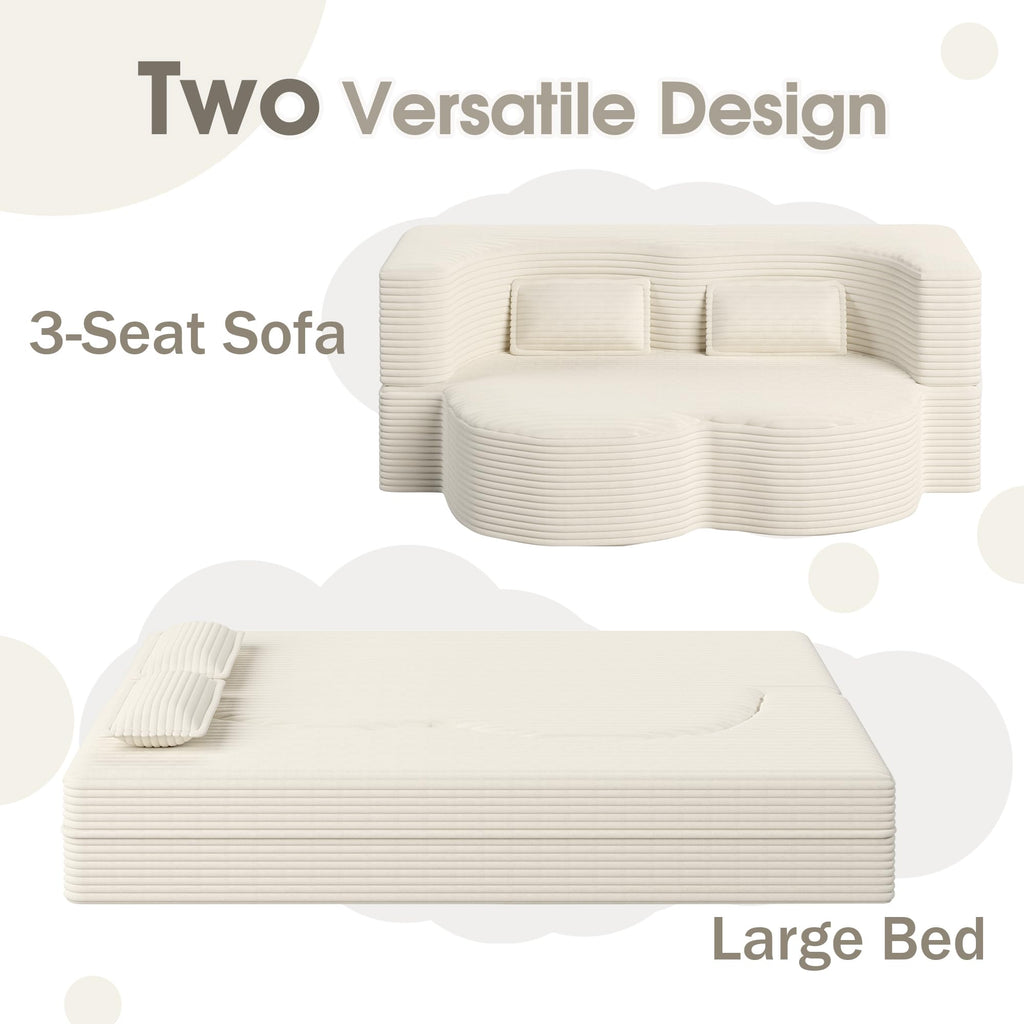BAYYELL 78" Full Size Convertible Sofa Bed, 2-in-1 Folding Floor Couch with 2 Pillows, Sleeper Sofa for Living Room and Bedroom, No Assembly Required (Beige, Corduroy Fabric)