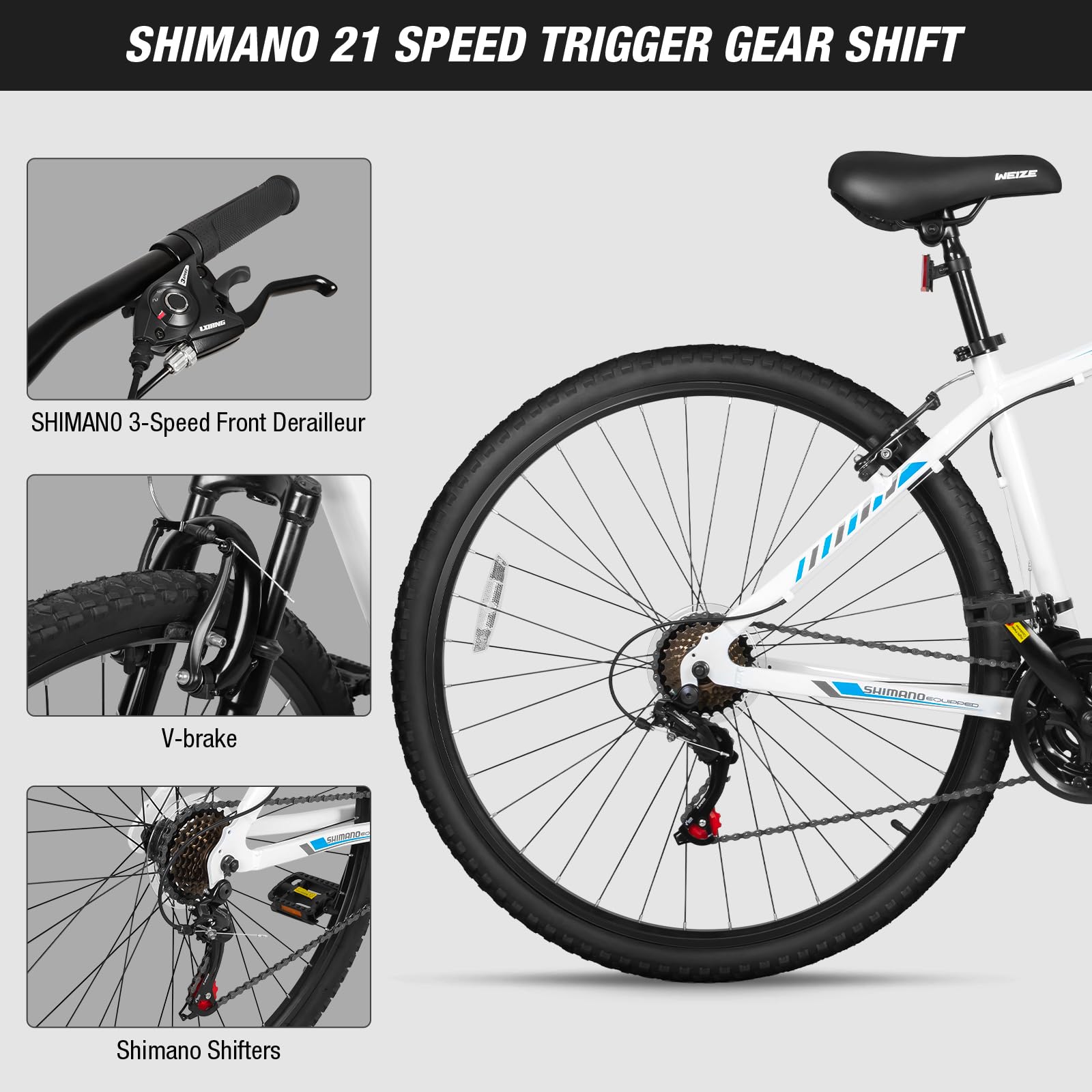WEIZE Hardtail Mountain Bike, 29 Inch Wheels Outdoor Cycling Bike, 21-Speed Trigger Shifter, Aluminum Frame for Women and Men, Comfort Saddle, MTB Bicycle with Suspension Fork, White