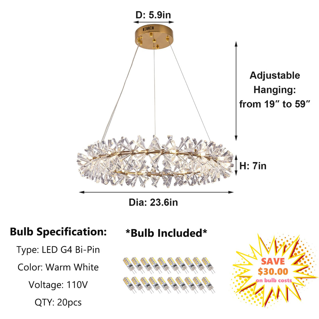 Axamate Modern Crystal Chandeliers D24 Gold Ring Chandelier Light Fixture Adjustable Hanging Ceiling Light for Living Room Bedroom Dining Room Laundry Room Foyer Kitchen Island
