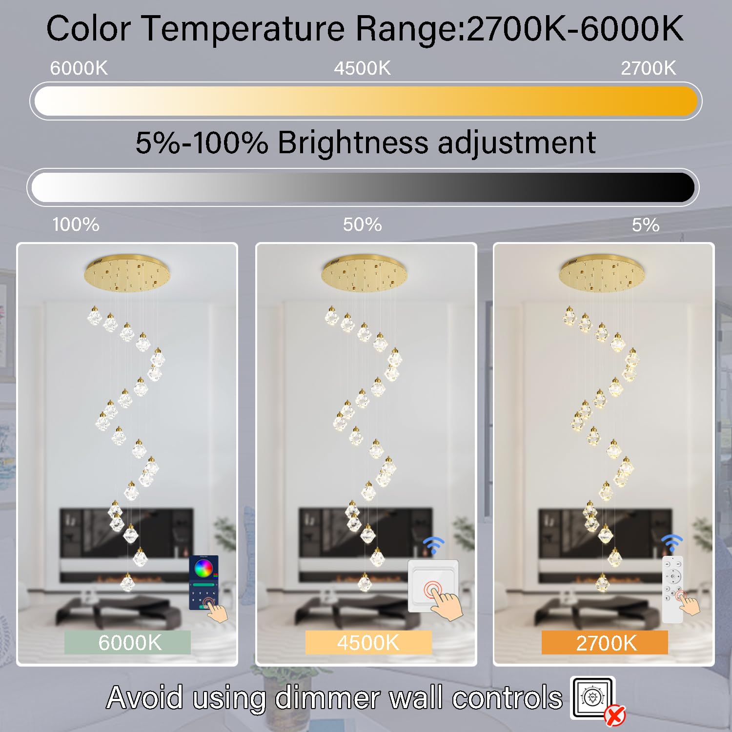 H142in Foyer Chandelier Big Chandeliers for High Ceiling Gold Pendant Light Fixture 26-Lights Crystal Chandelier Lighting Fixture for Living Room Staircase Villa