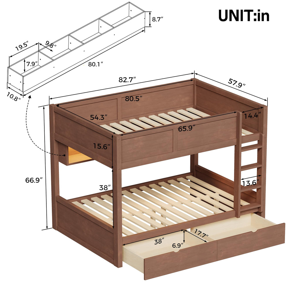 Merax Full XL Over Full XL Wood Bunk Bed Frame with Ladder,Storage Shelves & Drawers for Teens, Modern Low Bunk Bed with Solid Slats, Guardrail, No Box Spring Required, Easy Assembly, Brown