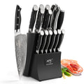 Damascus Kitchen Knife Set, 15-Piece Kitchen Knife Set with Block, ABS Ergonomic Handle for Chef Knife Set and Serrated Steak Knives Knife Sharpener and Kitchen Shears, 14 Slots Wooden Knife Block