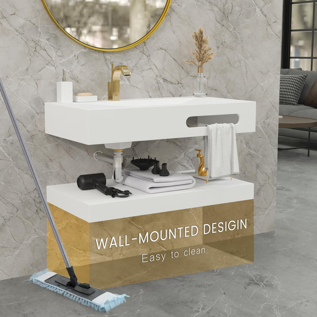QJ&XY Resin Bathroom Sink 32" Wall Mounted V-Shaped White Basin with Towel Rack, Floating Vanity Sink in Soft-Touch Finish (Double Tier)