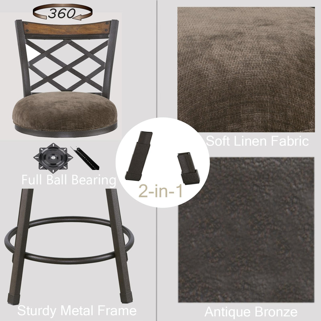 KORZEY Swivel Bar Stools Set of 4, 25/30 Inch Adjustable Black PU Leather Bar Chair with Black Frame, Mid-Century Upholstered Counter Barstools with Backs