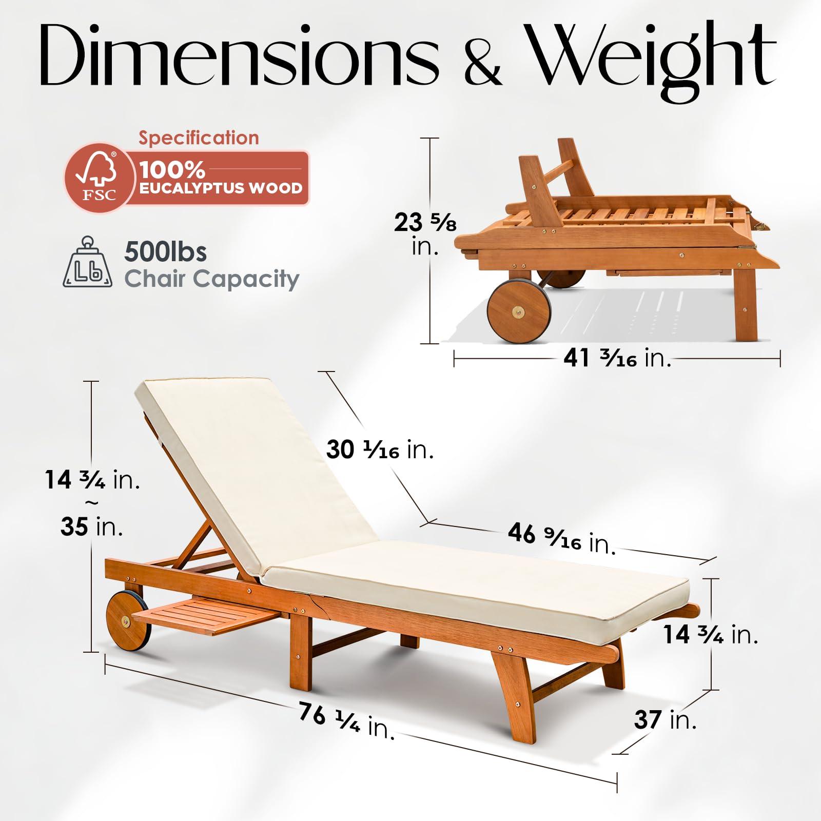 IDZO Upgraded Cushion Outdoor, 500lbs Capacity Patio Pool Loungers, Stackable and Foldable Design, Reclining Backrest, Federica Wood Chaise Lounge, Brown