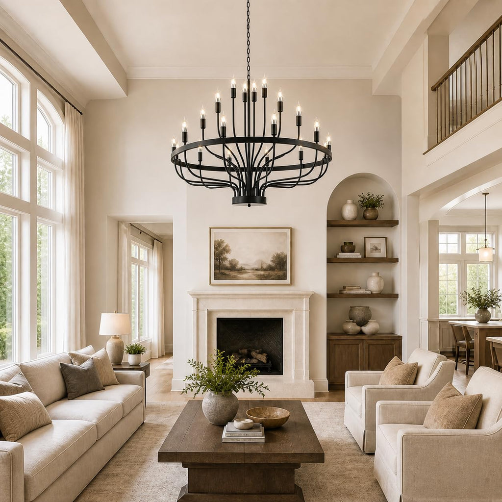 Shandaglo Large Black Chandelier 24-Light, Round 3-Tier Wagon Wheel Fixture, 39 in Farmhouse Candle Pendant with E12 Base for Dining Room, Foyer, Living Room, Hallway, High Ceiling