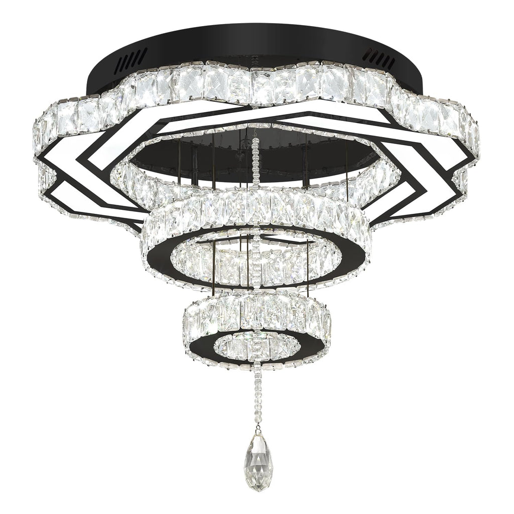 Flashing God Modern Crystal Chandeliers Dia 24" Black Chandelier Flush Mount Ceiling Light for Bedroom Living Room Dining Room Hallway Dimmable 3 Rings LED Celing Lighting Fixtures