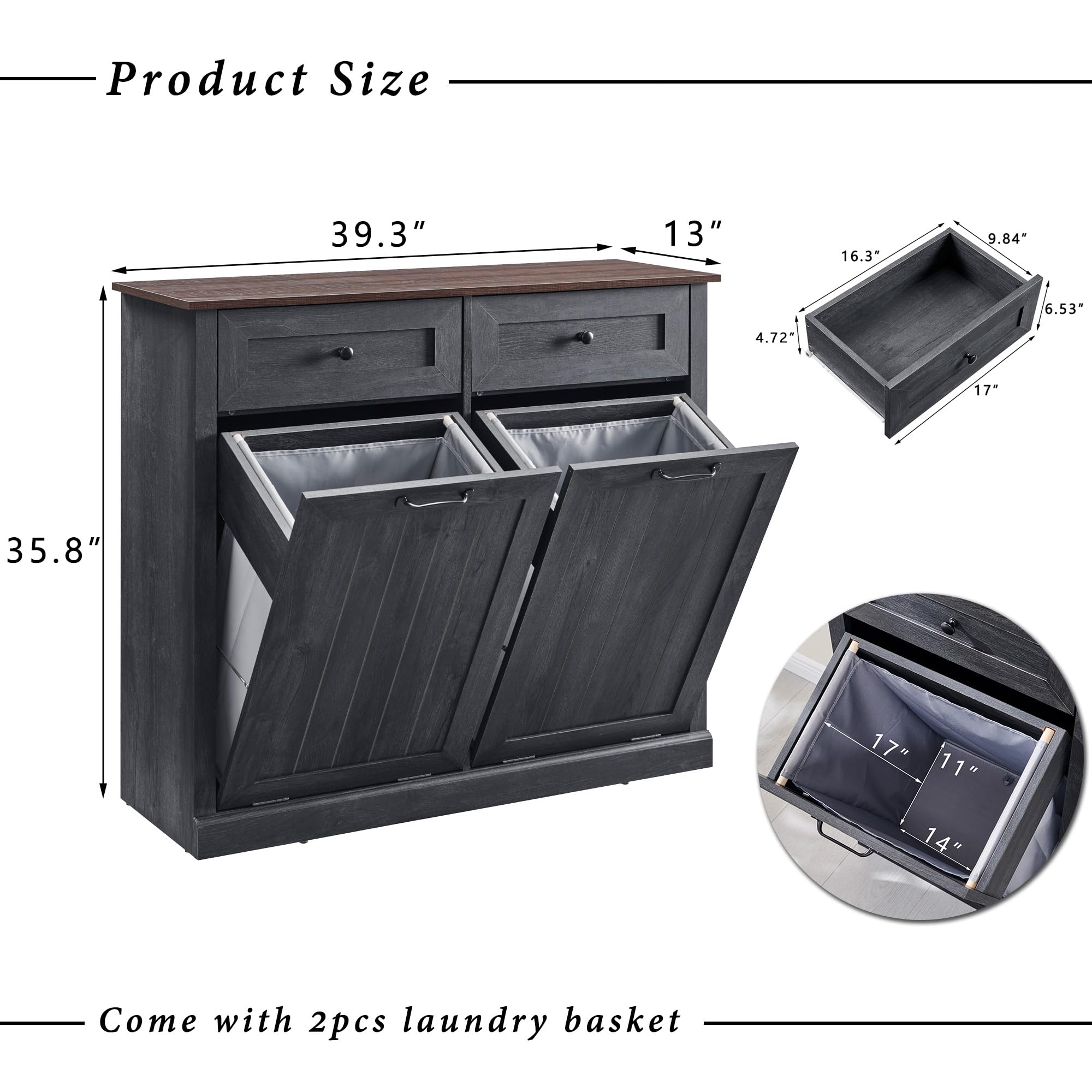 IFGET Double Tilt Out Trash Cabinet, 20 Gallon Farmhouse Laundry Hamper Cabinet with 2 Drawers, Hidden Wooden Trash Can Cabinets with Storage Basket for Kitchen, Living Room (Dark Grey)