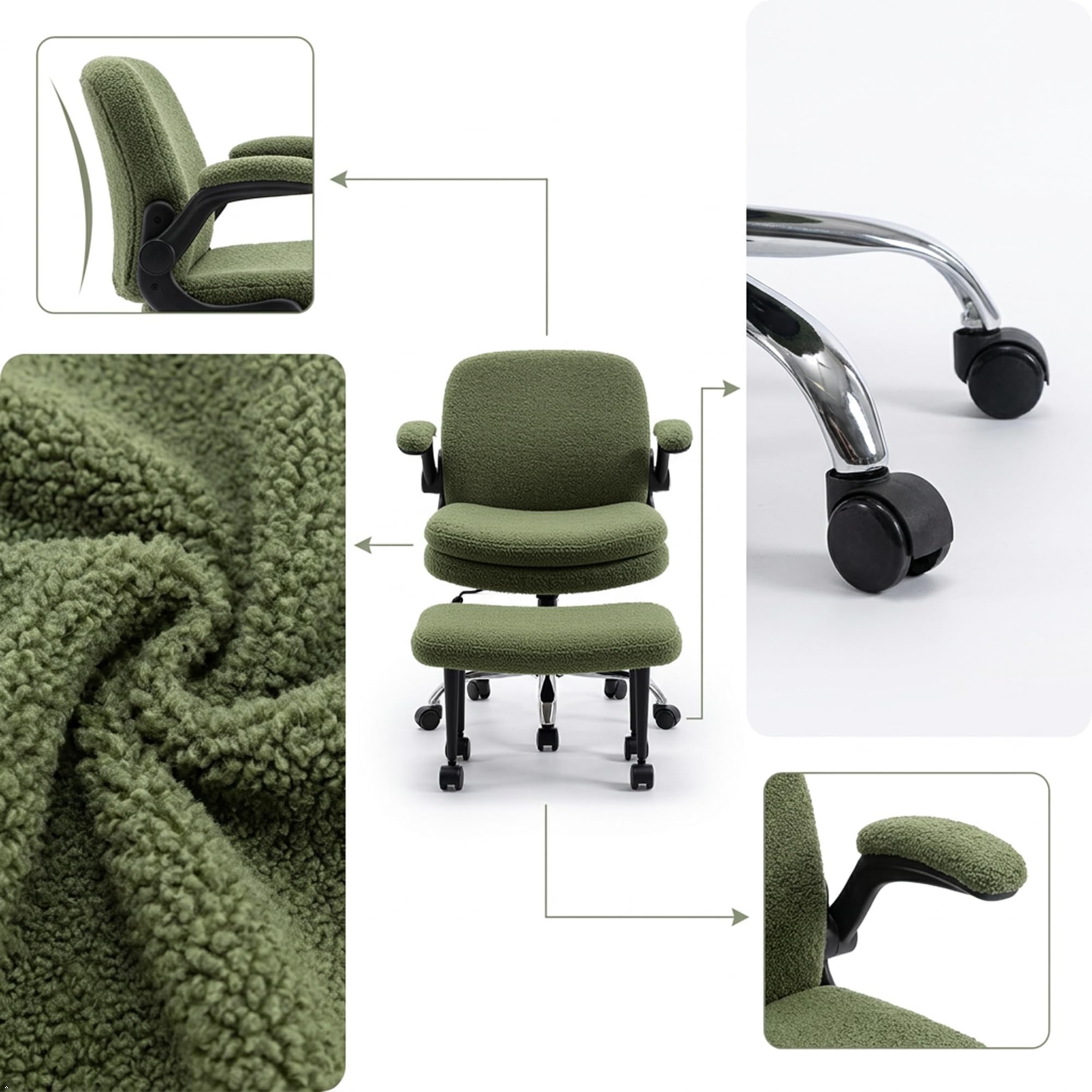 IWMH Cross Legged Office Chair with Flip-up Armrests for ADHD, Extra Wide Seat Criss Cross Desk Chair with Stretchable Footrest & Wheels for Adults, Ergonomic Meditation Chair for Home Office (Green)