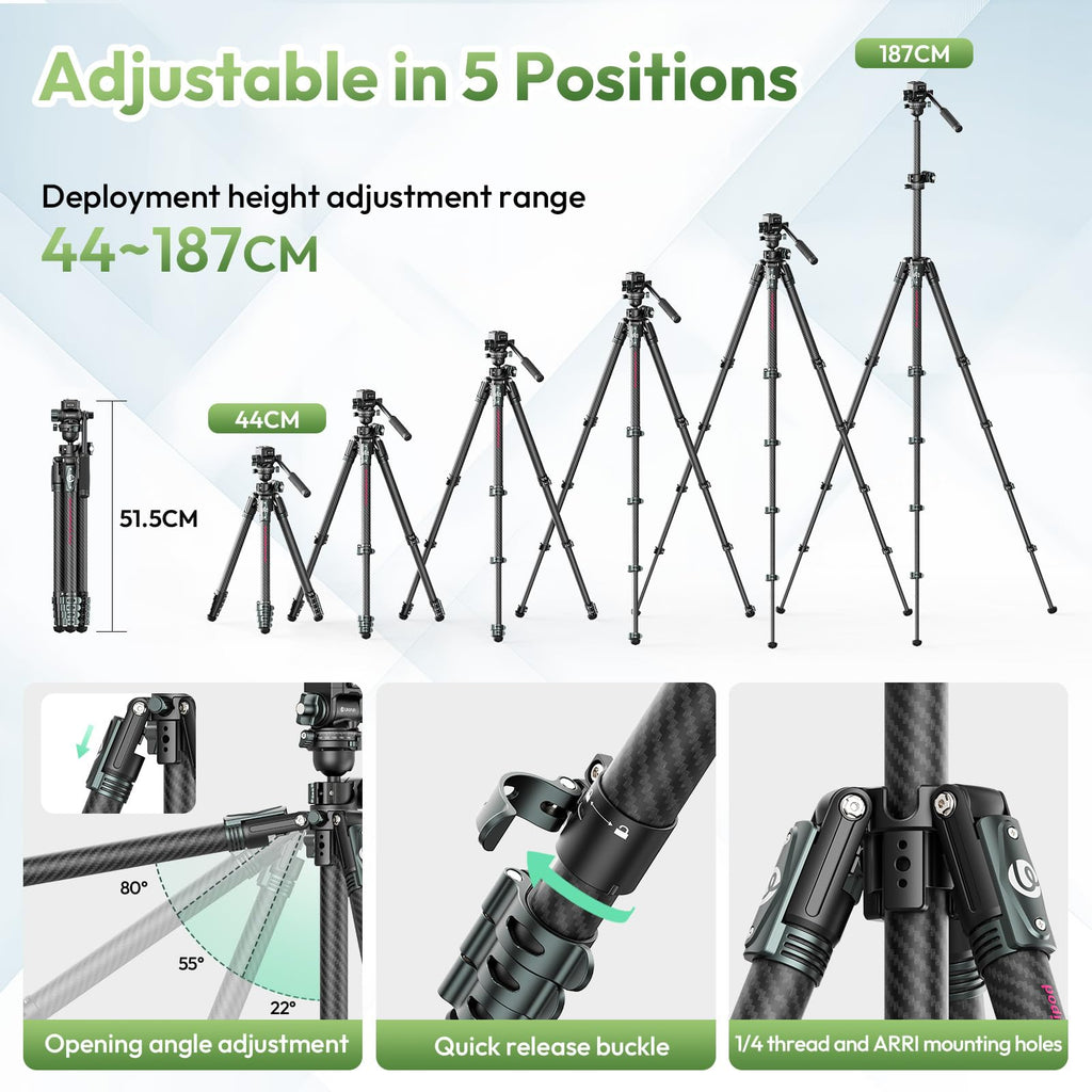 ULANZI JJ06 GlideGo Carbon Fiber Video Tripod, Dual 360° Pan Head, 73.6 inch Max Height, 11 lb Load, UKA Quick Release, Professional Portable Lightweight Travel Tripod with Bag