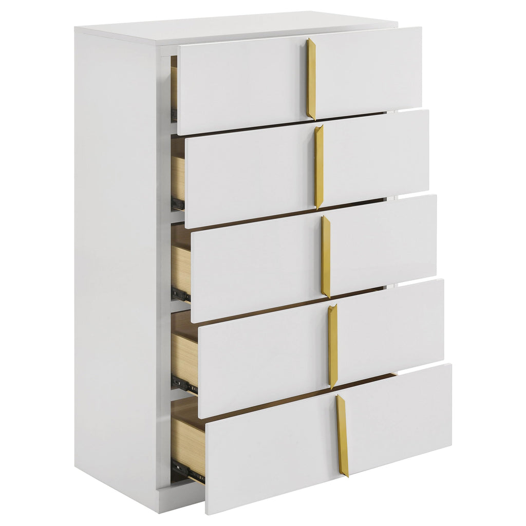 Coaster Home Furnishings - INES - Wood - 5-Drawer Chest with Vertical Gold Pulls, English Dovetail Joinery and Contemporary Design - Bedroom - White High Gloss - 223095