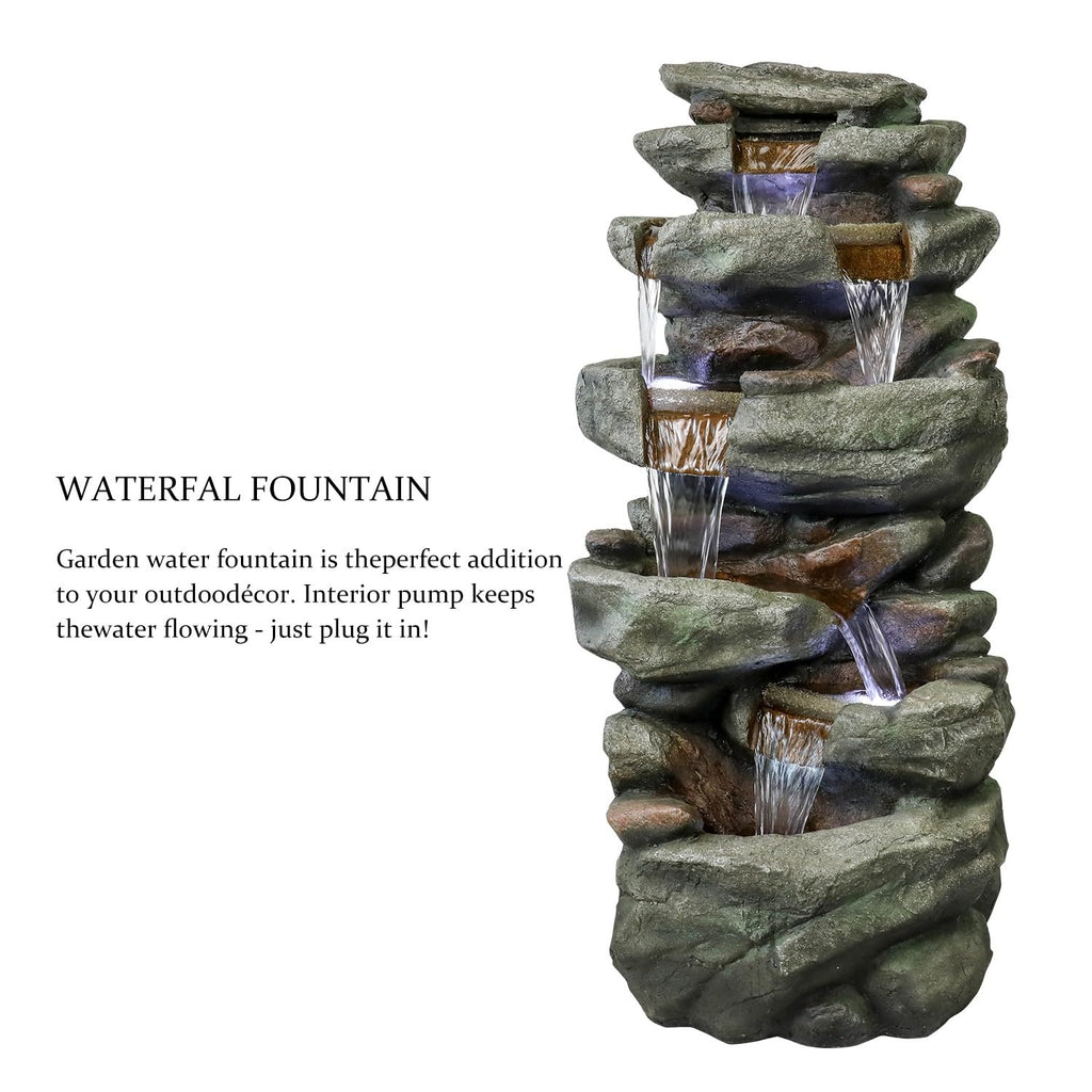 SunJet 40.5” High Rocks Outdoor Water Fountain - 6-Tiers Cascading Waterfall with LED Lights, Soothing Tranquility for Home Garden, Yard Decor