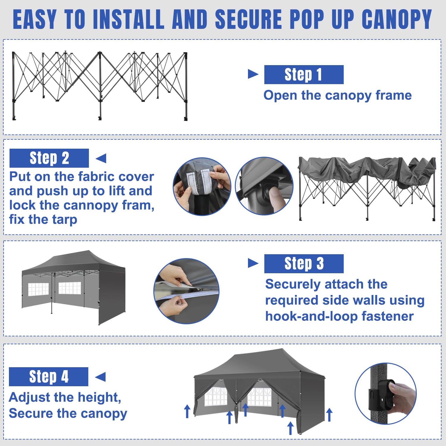 Yesker 10x20 Pop Up Canopy Tent with Sidewalls Instant Outdoor Canopy, Waterproof & UV Protection, Easy Setup Adjustable Height Heavy Duty Shelter Gazebo Tent for Patio Backyard Party Events, Gray