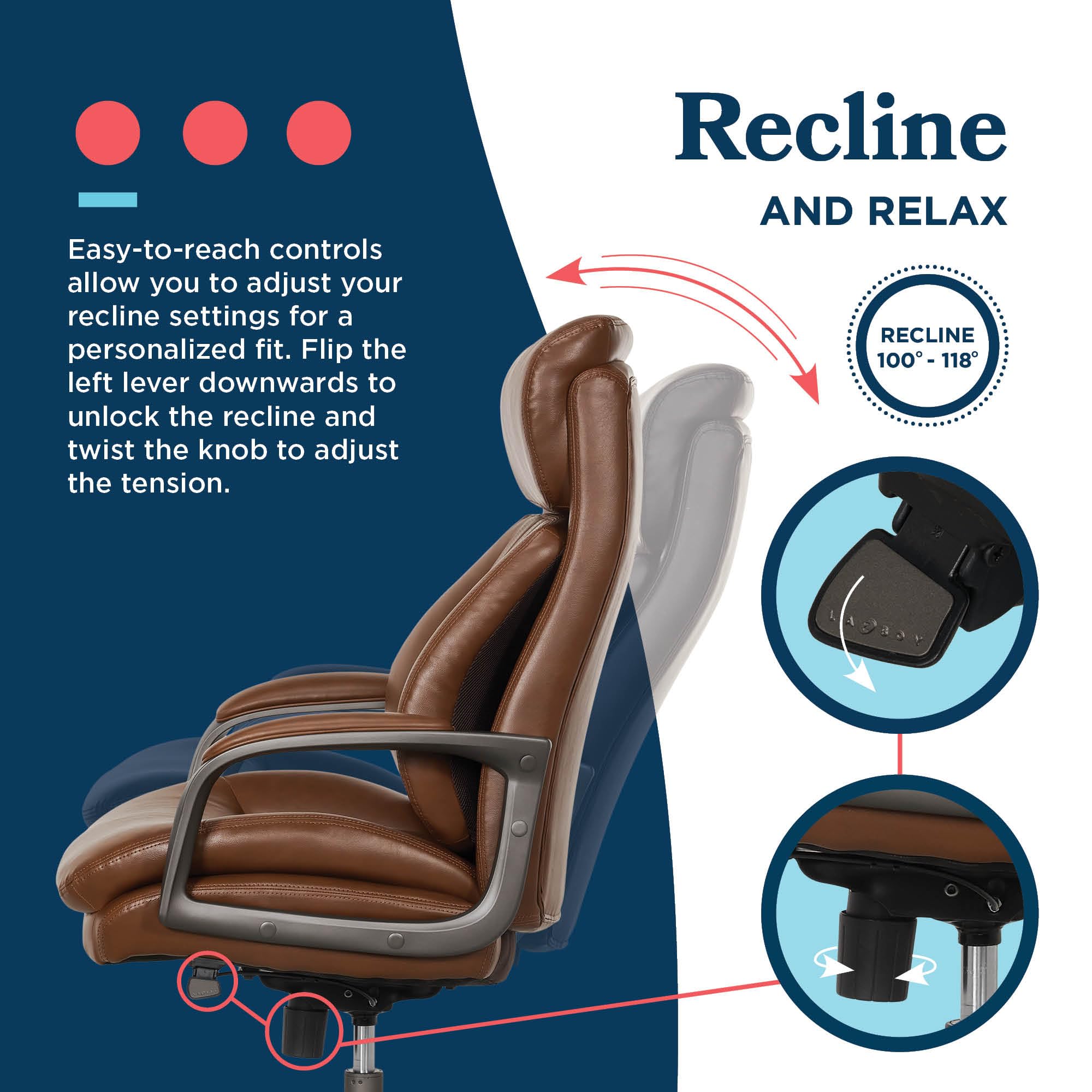 La-Z-Boy Nova Executive Office Chair - Ergonomic High Back Desk Chair with AIR Lumbar Support - Comfortable ComputerChair for Home Office - Vegan Leather - Cognac Brown