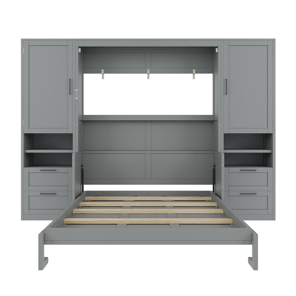 Merax Queen Size Murphy Bed with Desk, Multifunctional Foldable Wall Bed with Closet, Drawers and Shelves, Space-Saving Wood Platform Bed Frame for Small Spaces Studio Study Office Guest Room, Gray