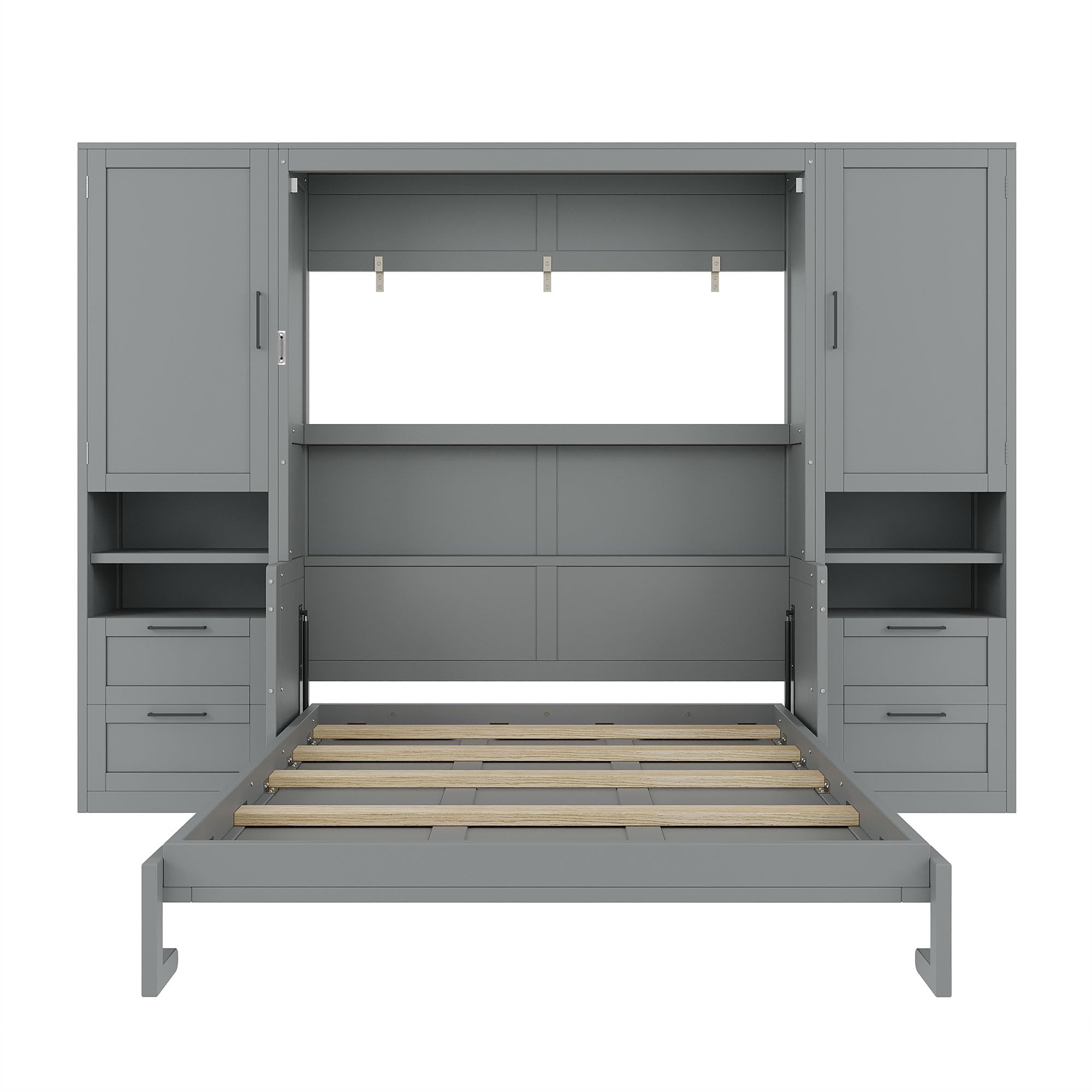 Merax Queen Size Murphy Bed with Desk, Multifunctional Foldable Wall Bed with Closet, Drawers and Shelves, Space-Saving Wood Platform Bed Frame for Small Spaces Studio Study Office Guest Room, Gray