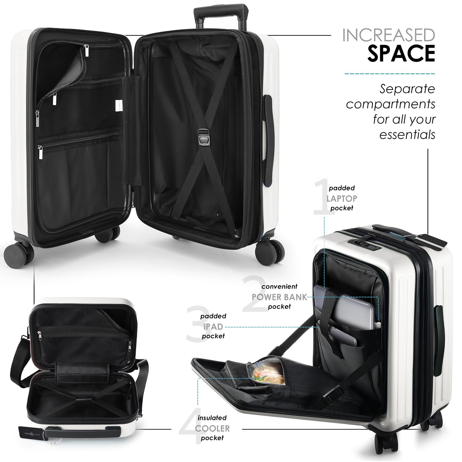 TRAVELARIM Hard Shell Luggage Sets with Spinner Wheels 4 Piece, Expandable Large Suitcases with TSA Lock, Travel Large Suitcase Set, White Luggage Set