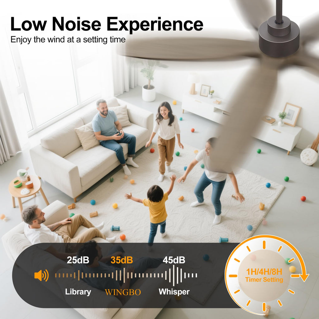 WINGBO 54" Ceiling Fan with Light - 5 Carved Solid Wood Blades, 6-Speed Reversible DC Motor, Dimmable, 3CCT, Noiseless Remote Control Ceiling Fans with Lights for Bedroom Living Room, Charcoal Gray
