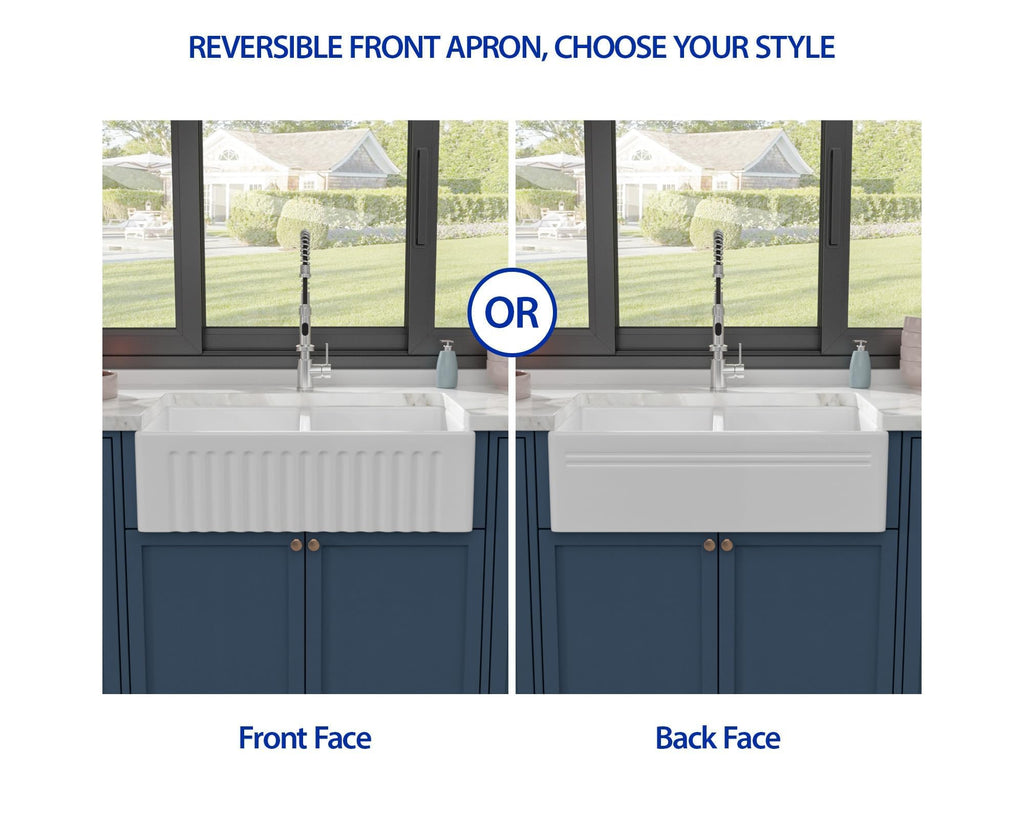 Dcolora 33 In. White Fireclay Farmhouse Sink Reversible Apron Front Design, 50/50 Double Bowl Ceramic Porcelain Kitchen Sink, 33"W×18"D×10"H #DC-A8871