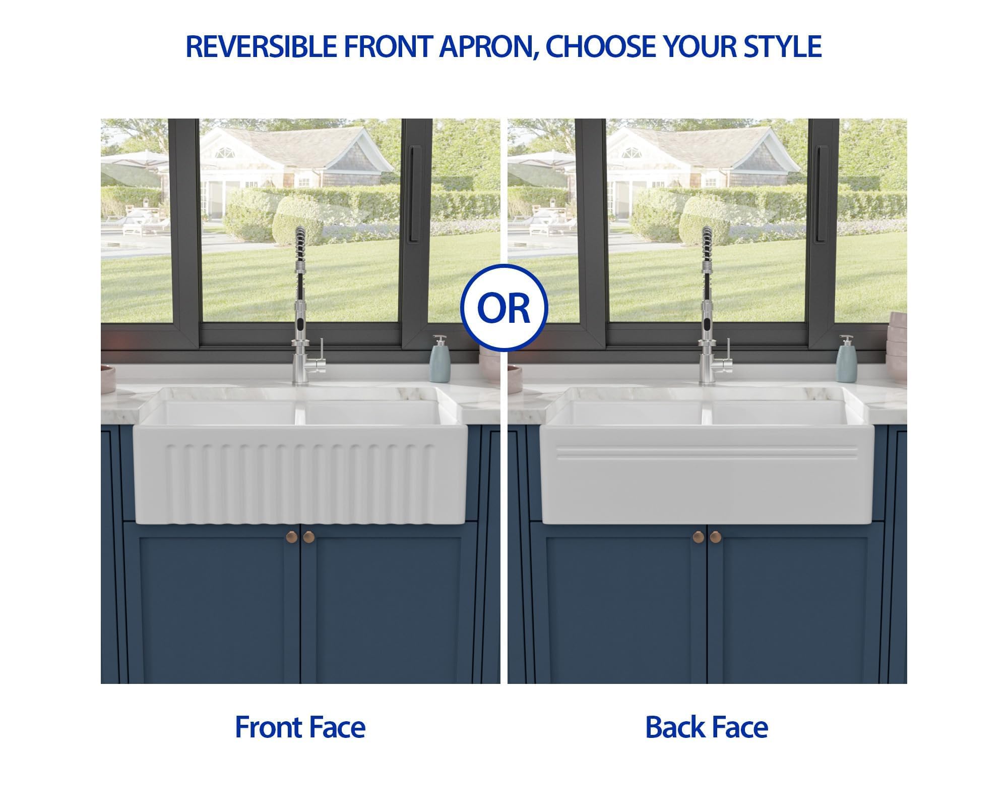 Dcolora 33 In. White Fireclay Farmhouse Sink Reversible Apron Front Design, 50/50 Double Bowl Ceramic Porcelain Kitchen Sink, 33"W×18"D×10"H #DC-A8871