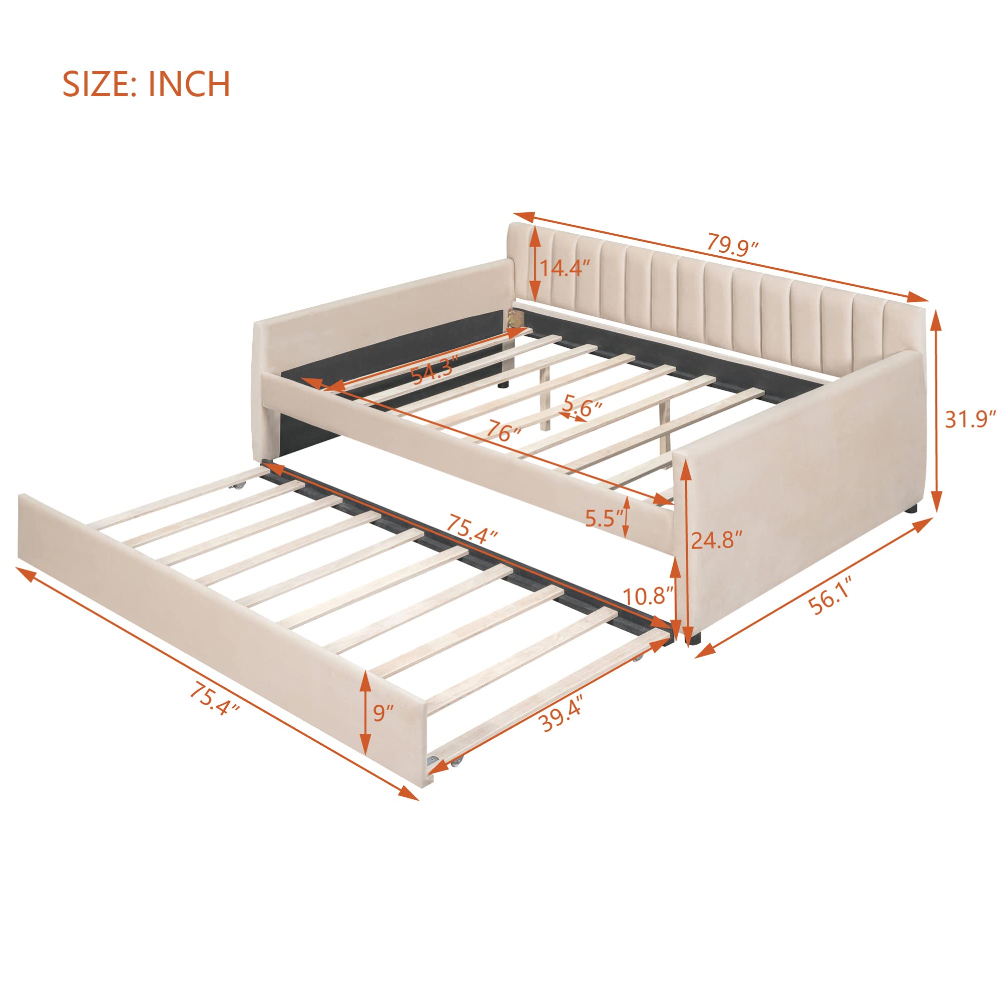 Favfurish Velvet Upholstered Full Size Daybed with Trundle, Solid Wooden Sofa Bed Frame w/Vertical Stripes Designed Backrest and Pine Legs, No Box Spring Needed