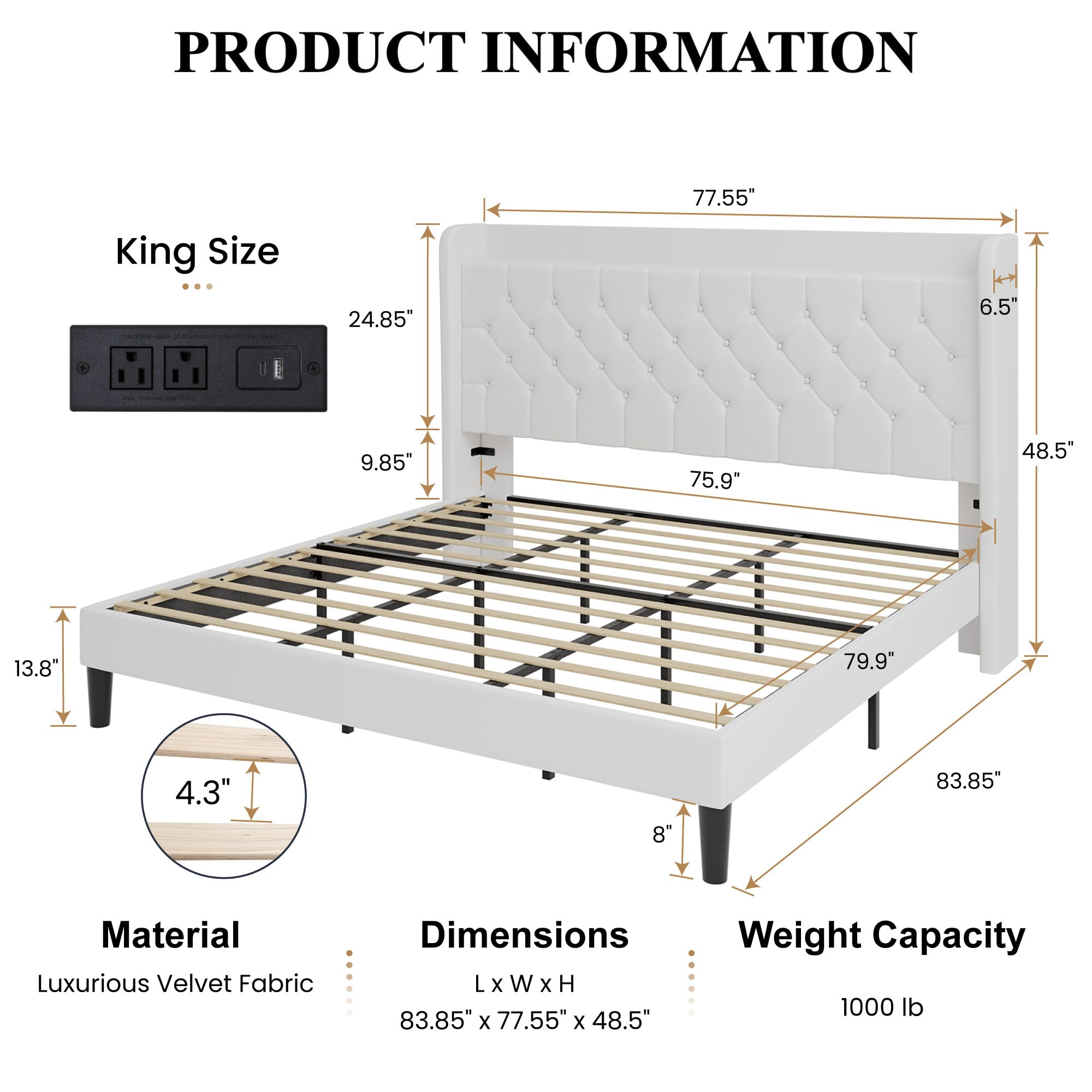 SHA CERLIN King Size Platform Bed Frame with Charging Station, Velvet Wingback Headboard with Storage Shelf, Wooden Slats Support, Ample Under-Bed Space, No Box Spring Needed, Easy Assembly, White