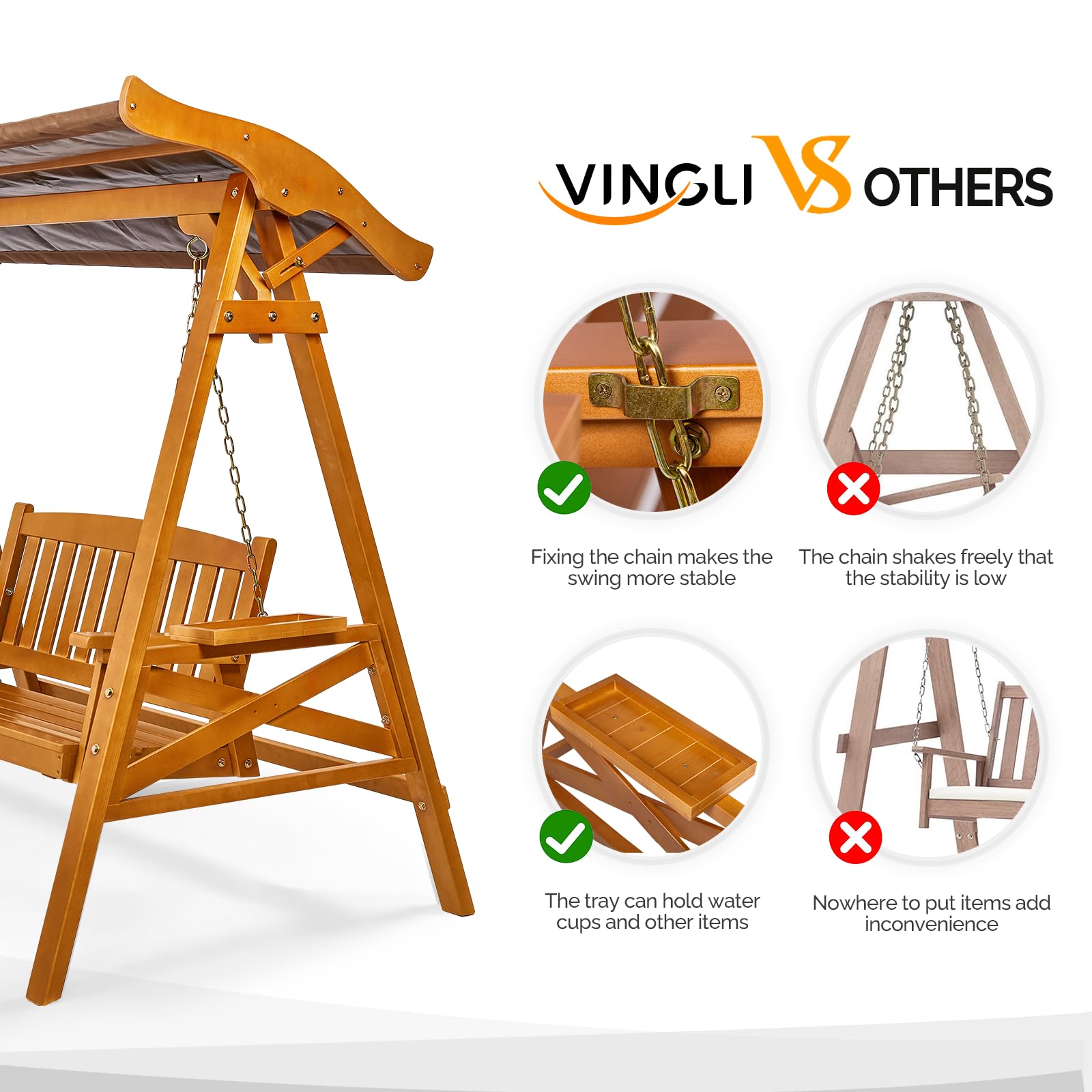 VINGLI Porch Swing with Stand, Porch Swing with Canopy, Waterproof Patio Swing with Cup Holder, Outdoor Swing Set for Garden, Yard, Patio, Teak