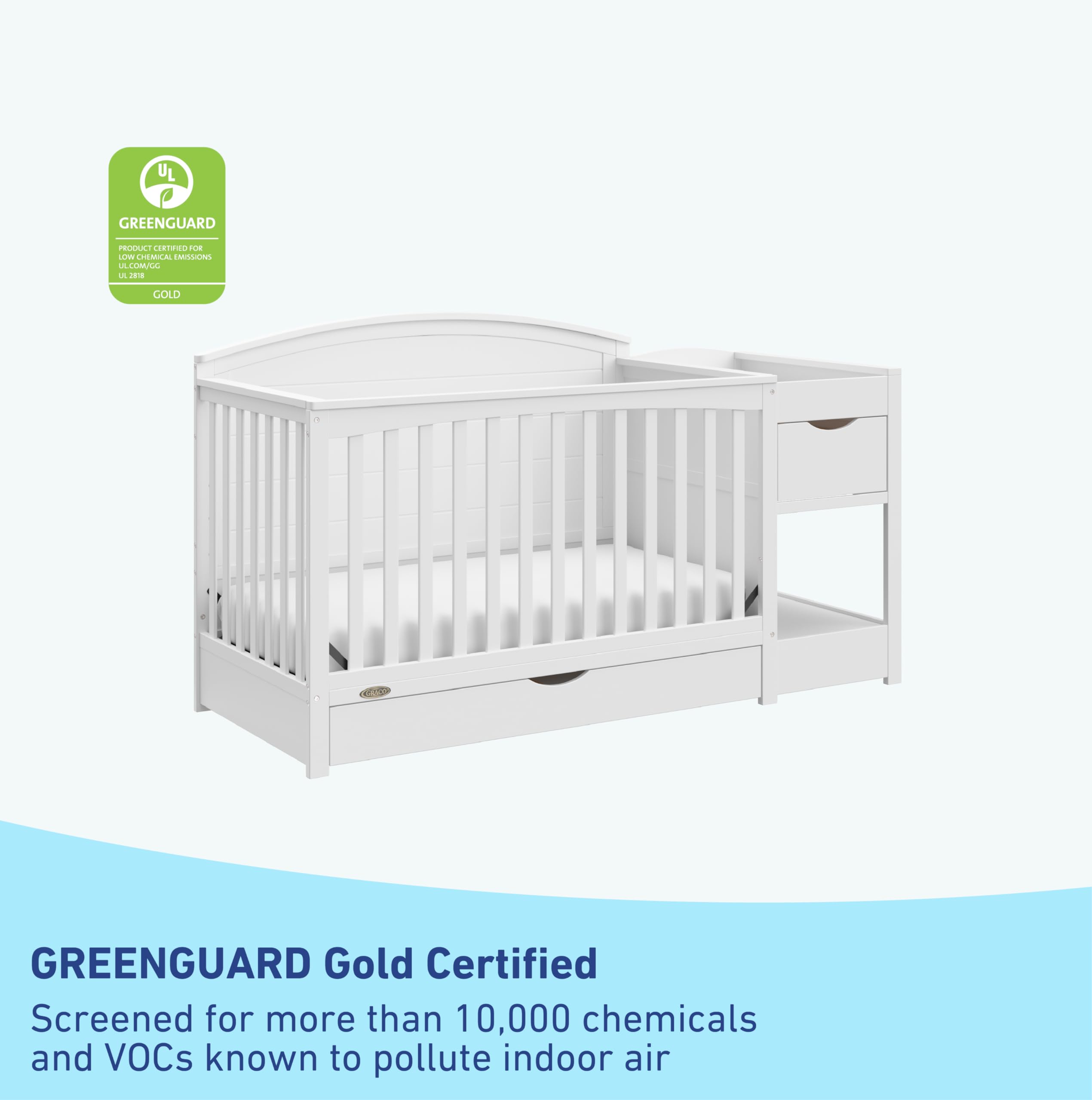 Graco Bellwood 5-in-1 Convertible Crib & Changer with Drawer - GREENGUARD Gold Certified, Full-Size Storage Drawer, Converts to Toddler Bed (White)
