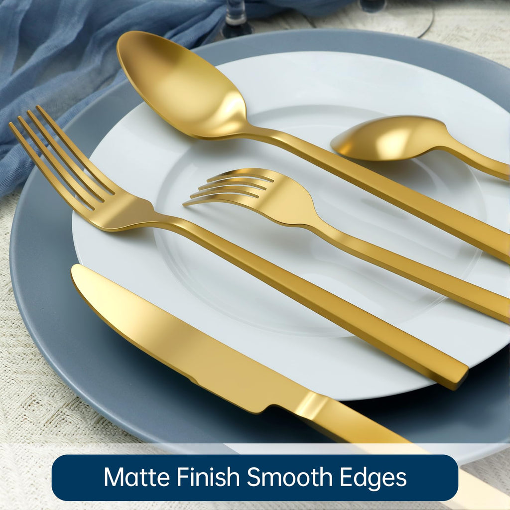 SILWELL Gold Silverware Set 60-Piece 18/10 Stainless Steel Cutlery Matte Polished Cuboid Handle Flatware Sets Service for 12
