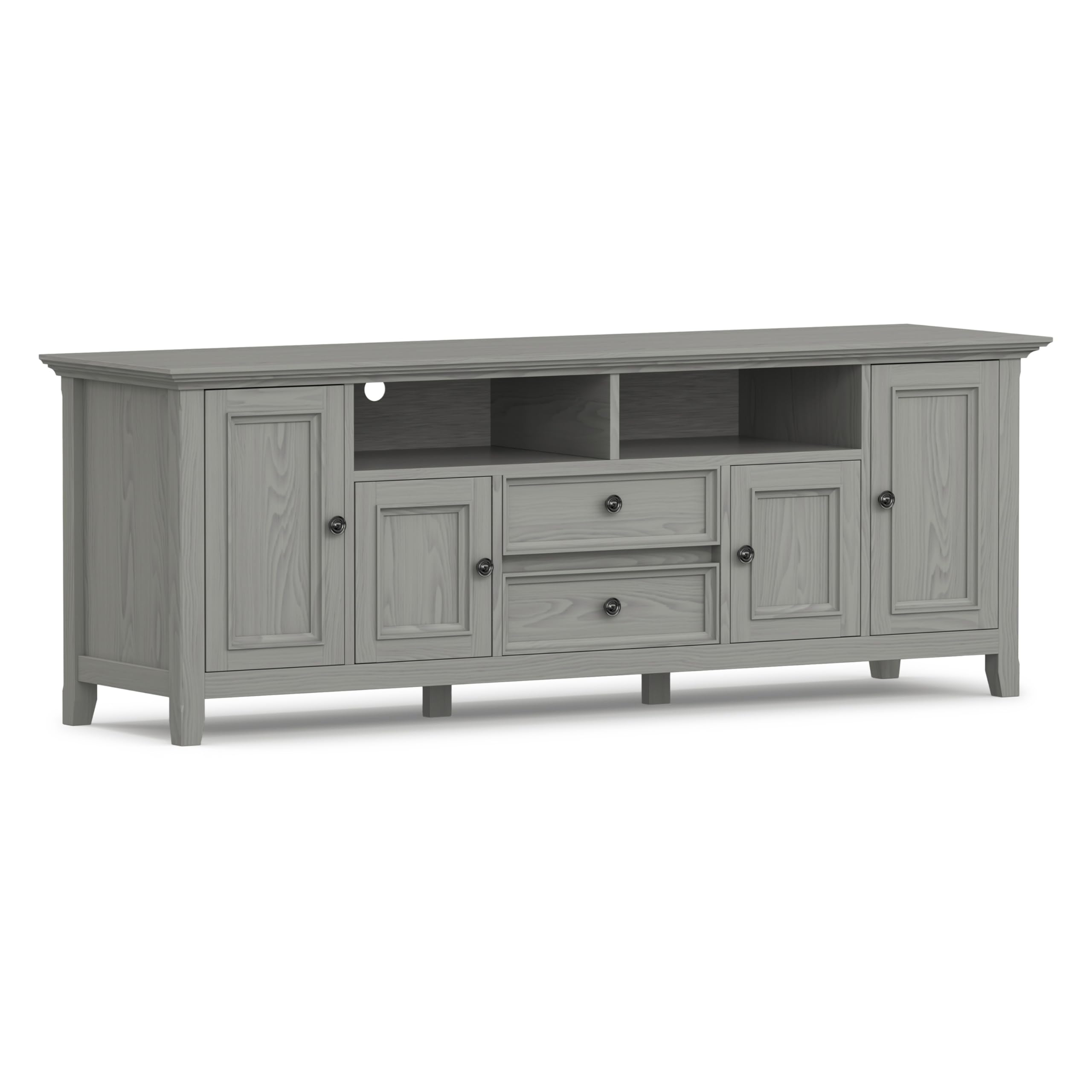 SIMPLIHOME Amherst TV Stand - 72 inch Wide Solid Wood Media Console in Fog Grey, Transitional Entertainment Center for Living Room for TVs up to 80 Inches with Shelves and Cable Management
