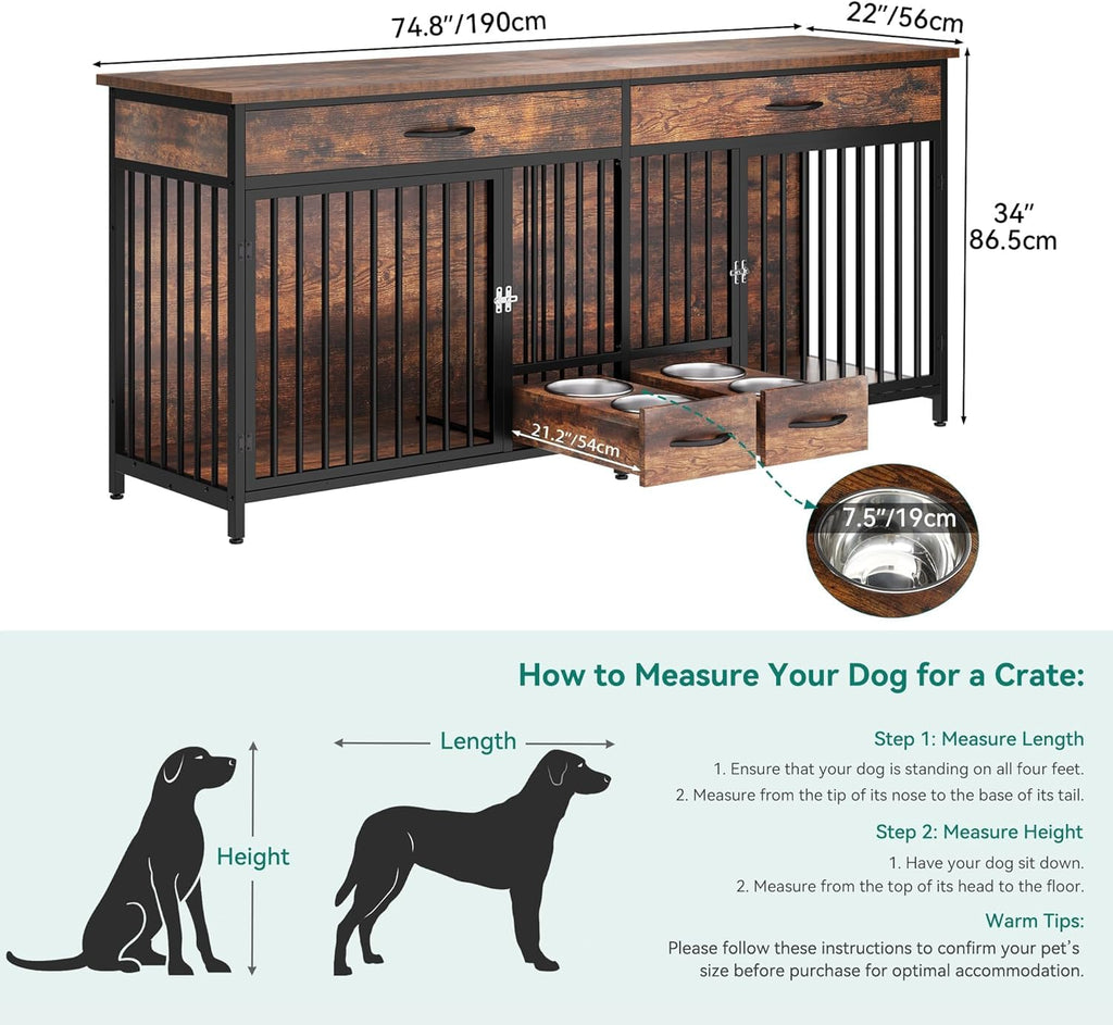 DWVO Double Dog Crate TV Stand with Dog Feeder, 74.8" Wooden Large Dog Kennel with Storage, Double Dog Crate Furniture for 2 Small Medium Dogs, Brown
