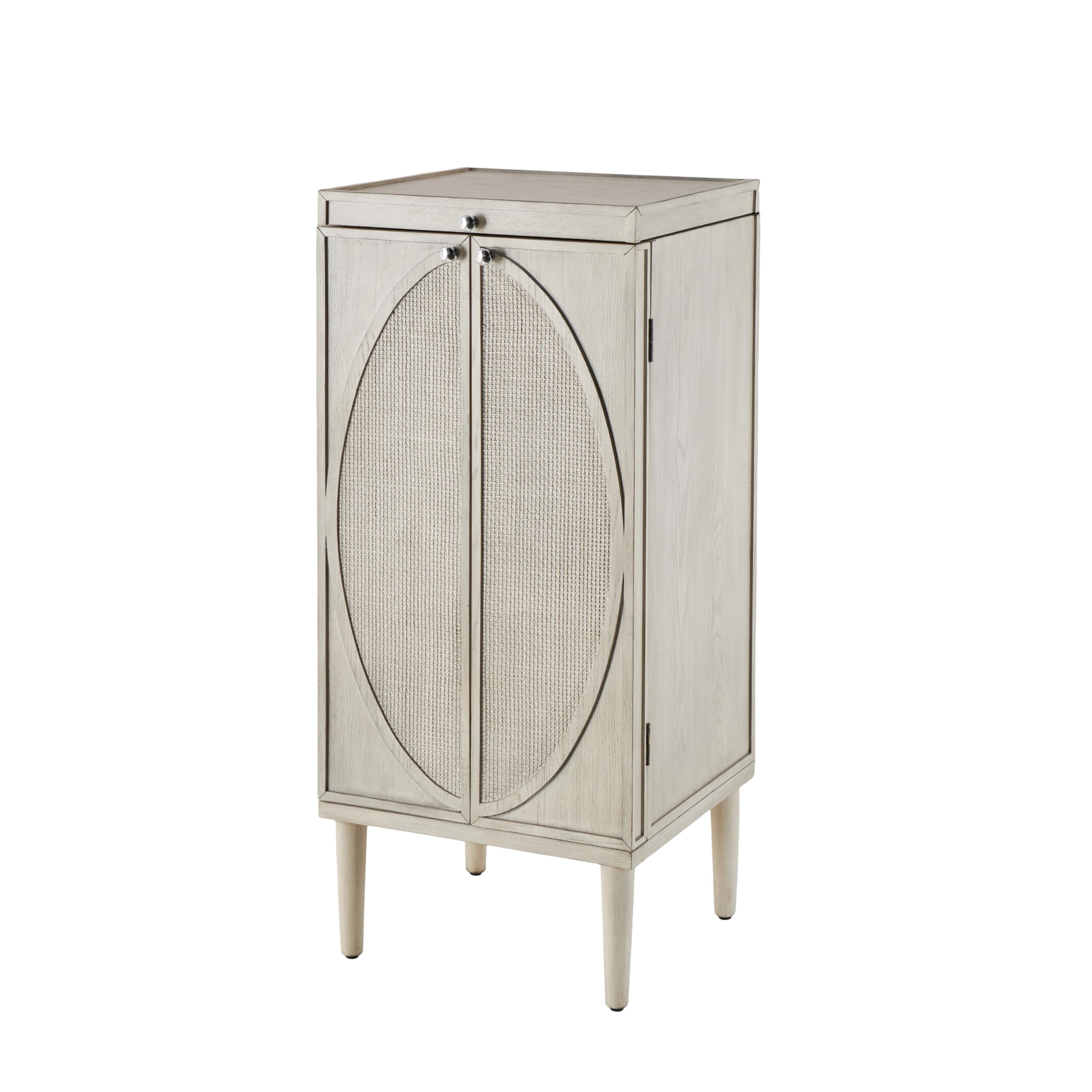 Deco 79 Wooden Geometric Washed Oval Rattan Front Armoire Jewelry 2 Door, 6 Drawer, and 32 Hook Cabinet with Mirrored Lift Top and Organizer Shelf, 20" x 18" x 47", Light Gray